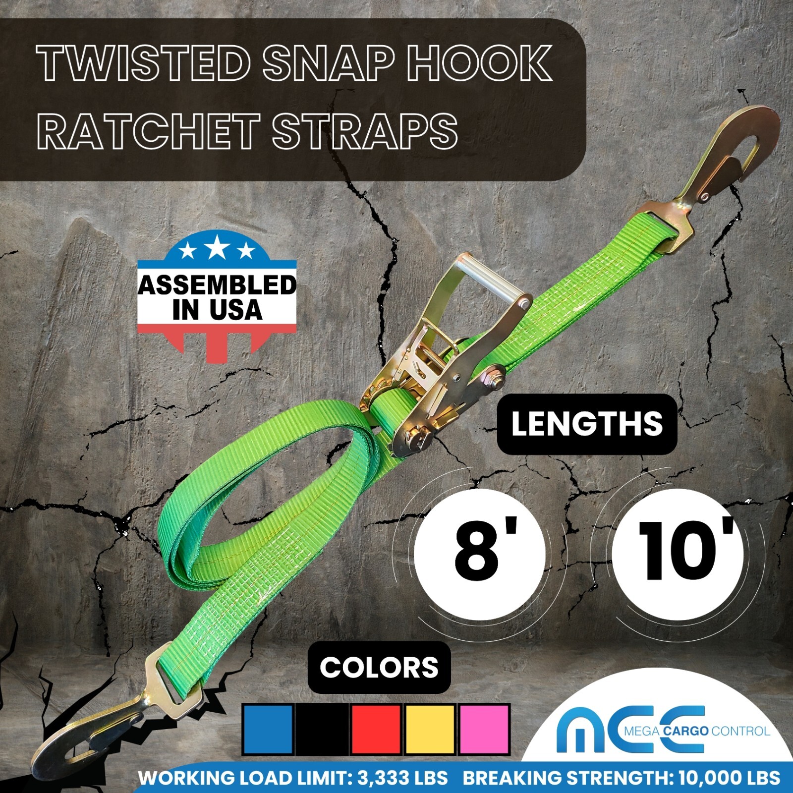 USA 2″ x 8′ 10′ Ratchet Strap w/Snap Hook for Car Hauler Flatbed Trailer Wrecker