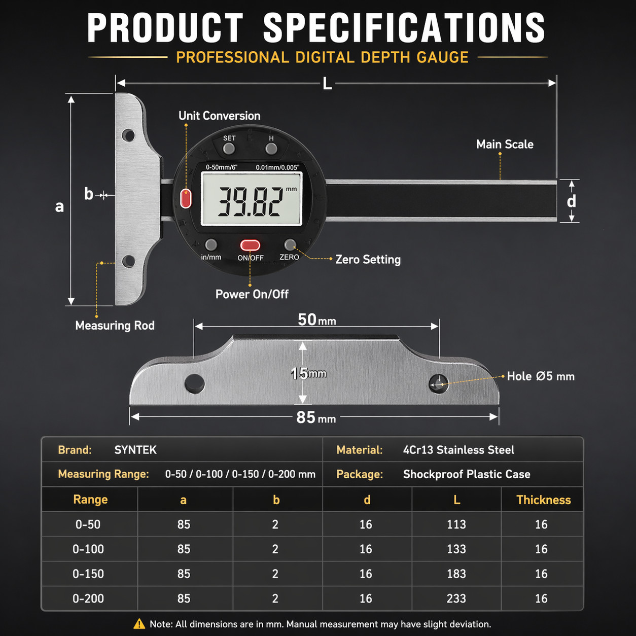 Digital Depth Gauge 0-100mm / 0-4 inch, Electronic Depth Measuring Tool with LCD