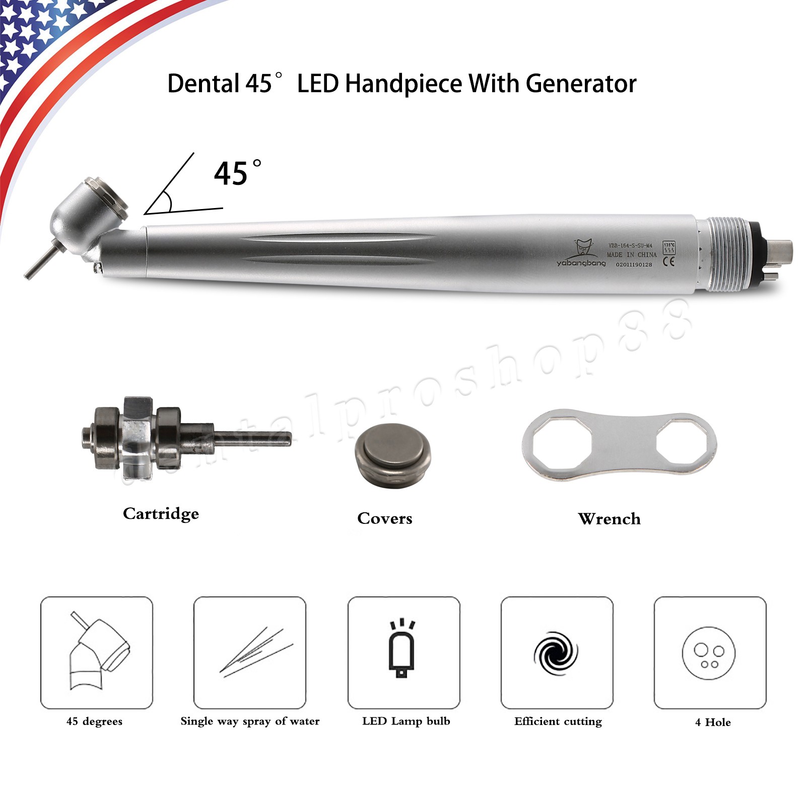 LED Dental Surgical Handpiece 45° Angle 4 Hole Midwest Rear Exhaust Impact Air