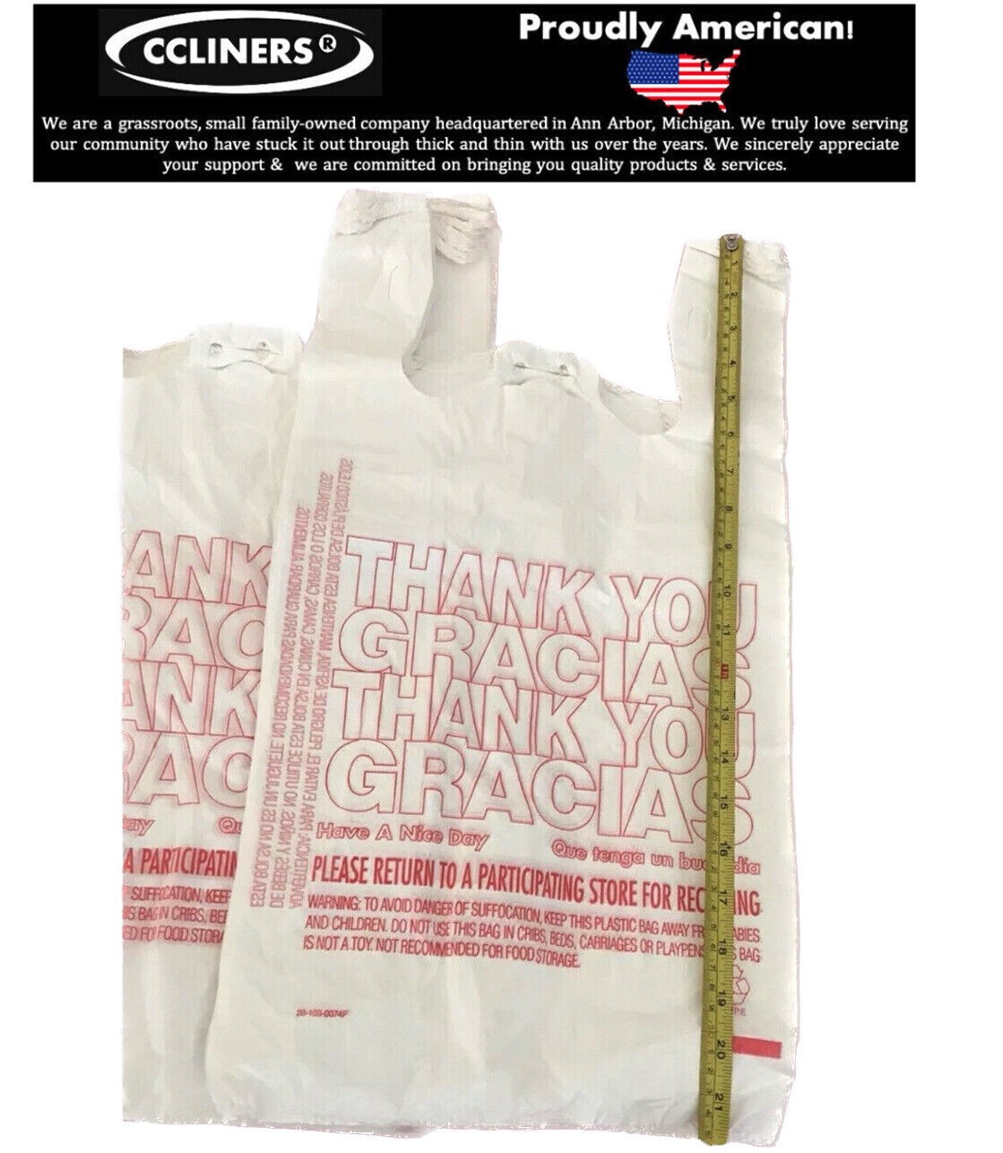 T-Shirt Carry-Out Bags Thank You Gracias Bags 11.5″ x 6.5″ x 22″ (1,000 ct.)
