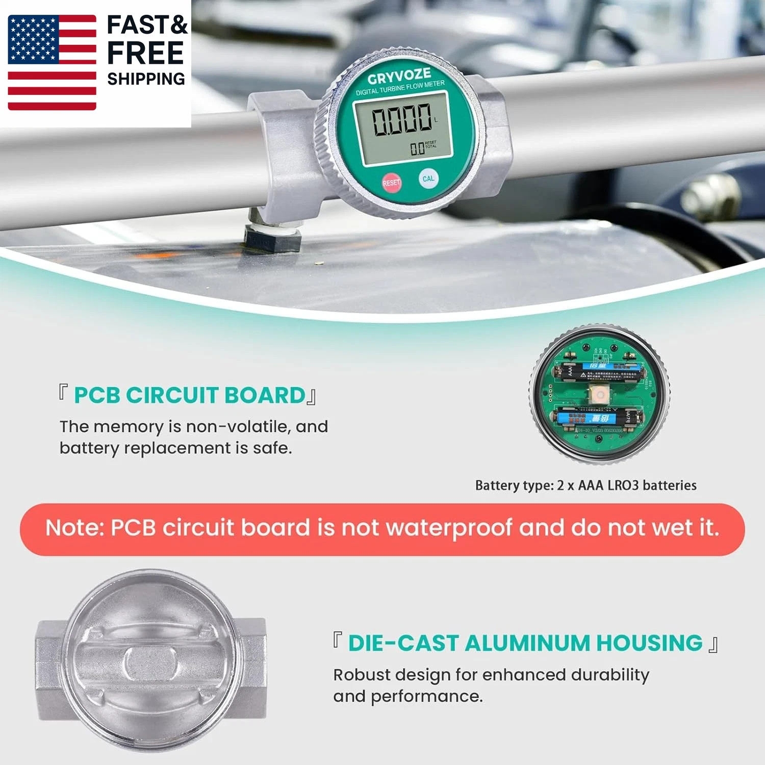 Waterproof 2 Inch Water Flow Meter, 16–160 GPM Digital Turbine Flowmeter with N