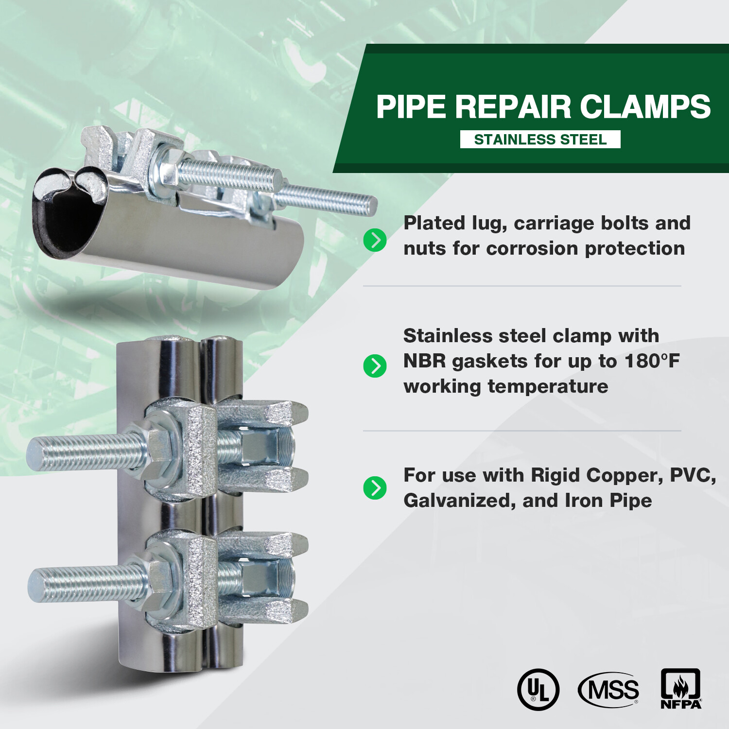 2 in. x 3 in. Long 1-Bolt IPS Pipe Repair Clamp, Stainless Steel