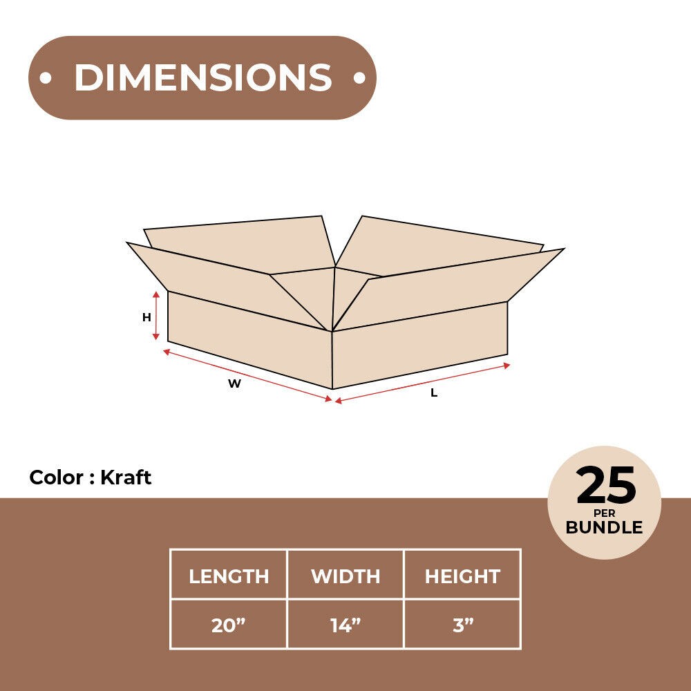 20 x 14 x 3″ Flat Corrugated Boxes, ECT-32 Brown Shipping/Moving Boxes 25/Bundle
