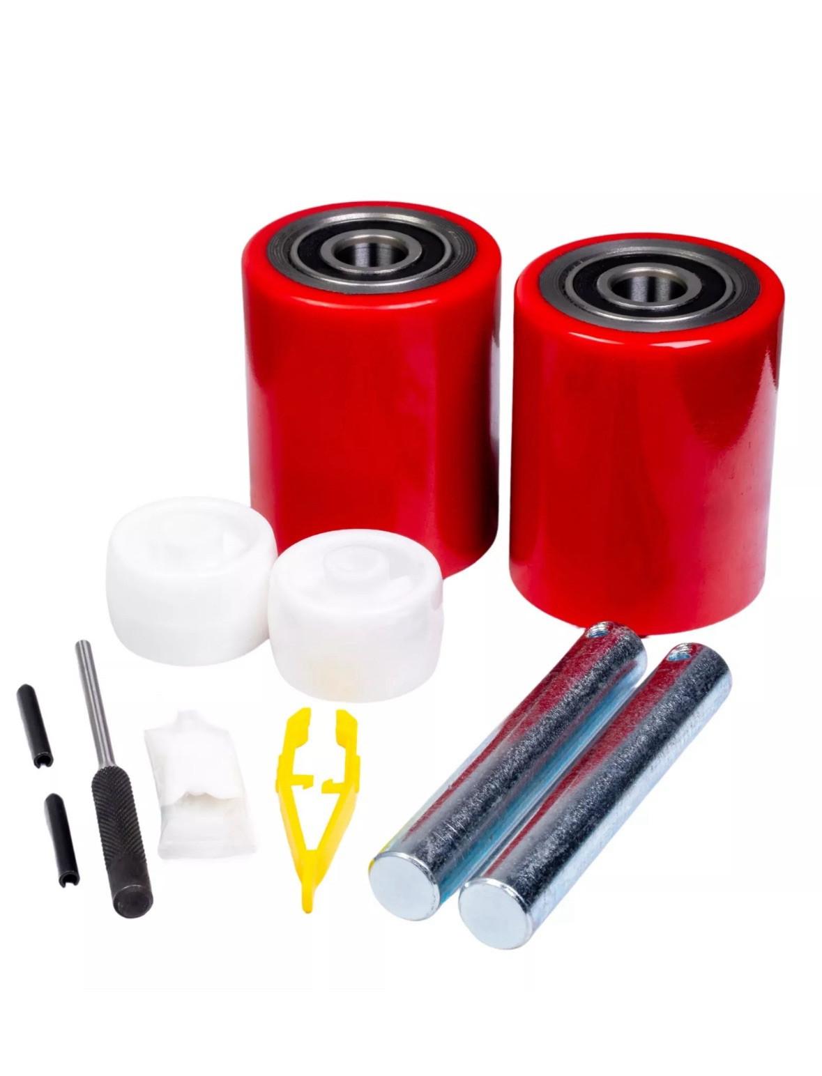 Pallet Jack/Truck Load Wheels Full Set with Axles and Rollers 3″ x 3.75″ Red