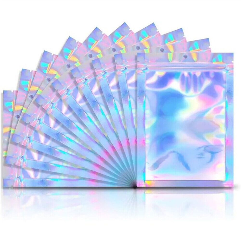 100/200 Holographic Mylar Foil Bags Smell Proof Resealable Zip Pouches Black