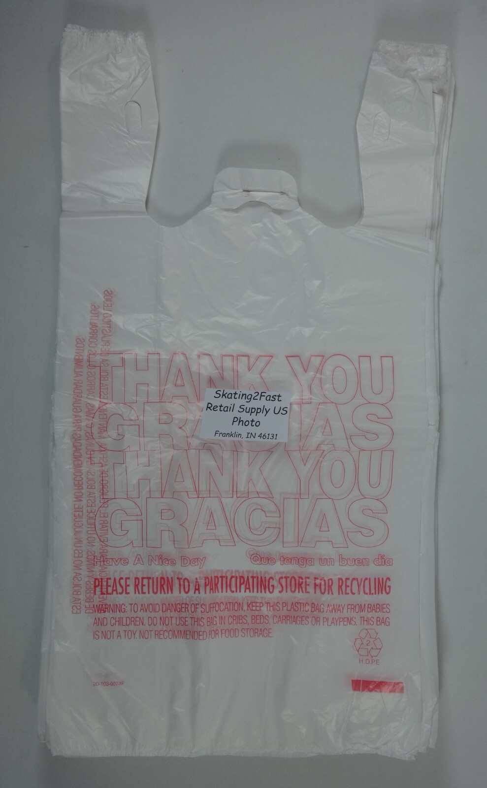 T-Shirt THANK YOU GRACIAS Carry-Out 11.5″ x 6.5″ x 22″ Plastic Bags Carry