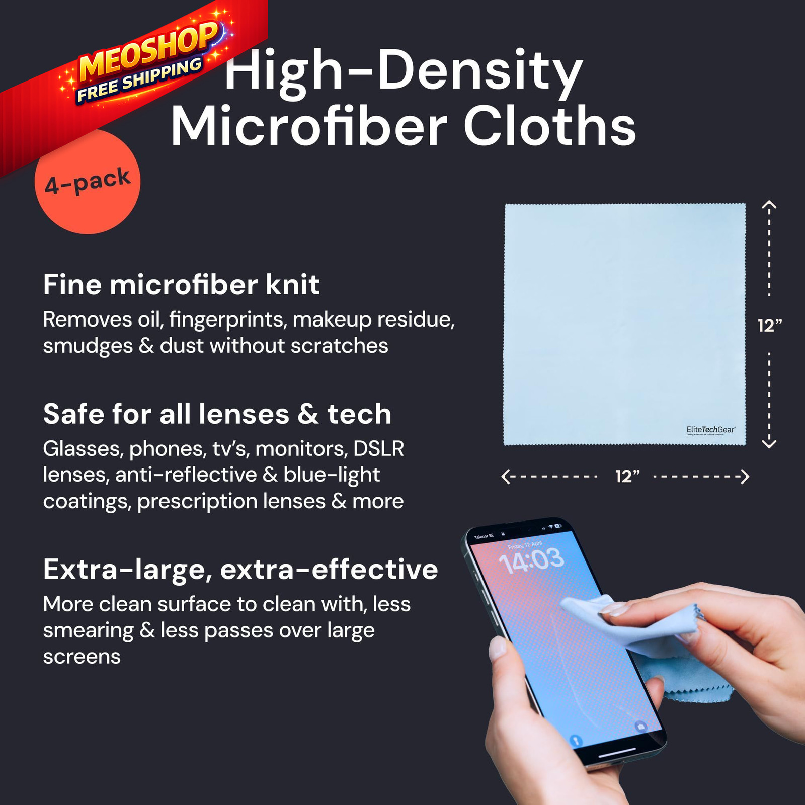 Elite Screens Microfiber Cleaning Cloth – 12″ x 12” x (Pack of 4), Blue