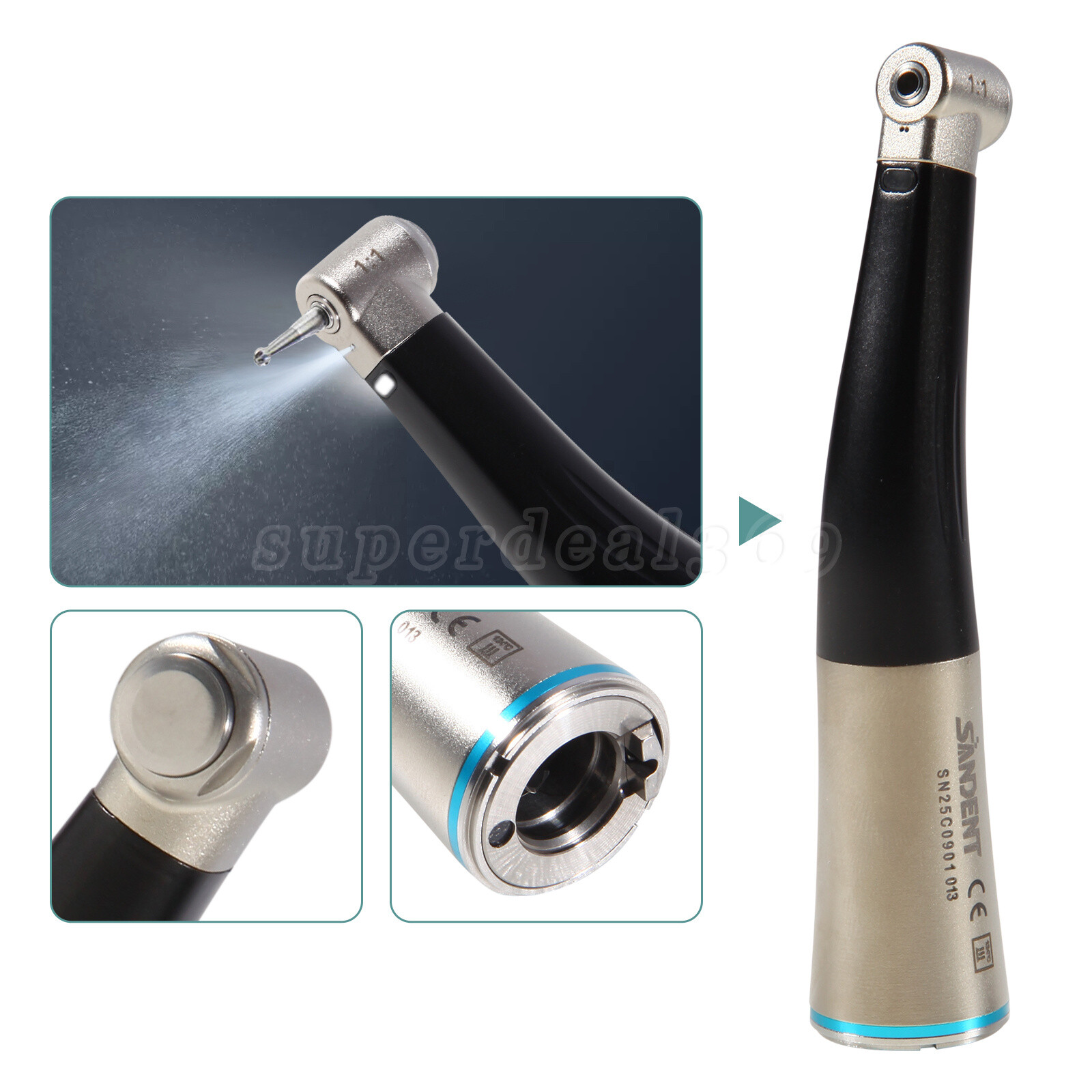 SANDENT Dental 1:1 Fiber Optic Contra Angle Low Speed Handpiece Inner Channel ty