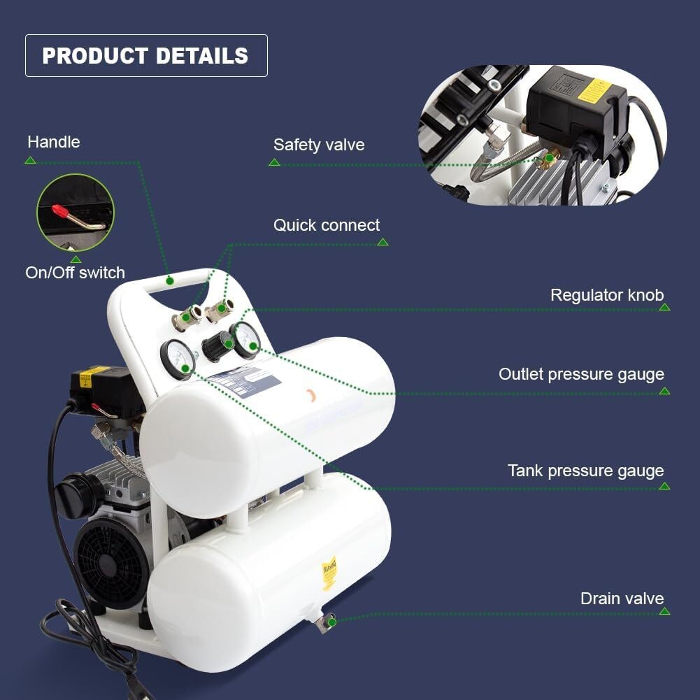Ultra Quiet Oil Free Pump 5 Gallon Tank 115 PSI MAX Pressure 65 dB 1 PH 110V