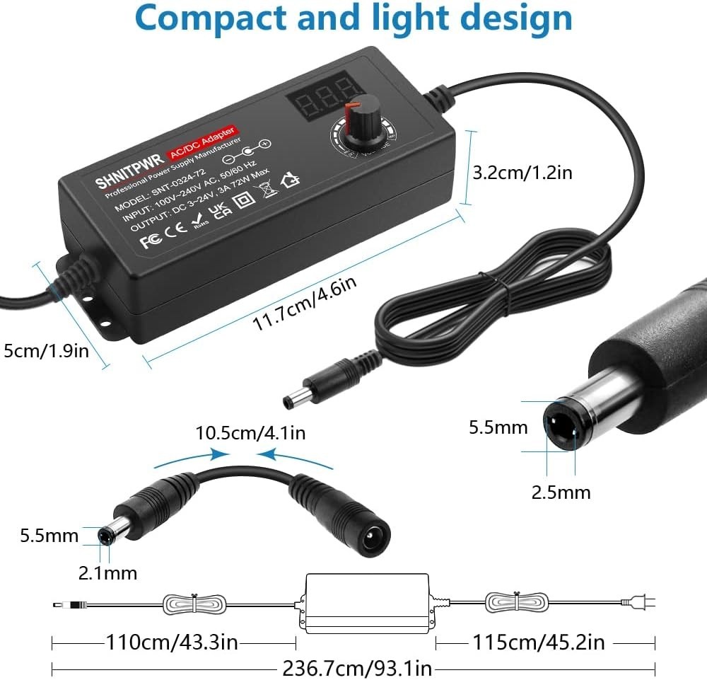 Universal 3A Power Adapter 3V to 24V Adjustable Output for Various Devices