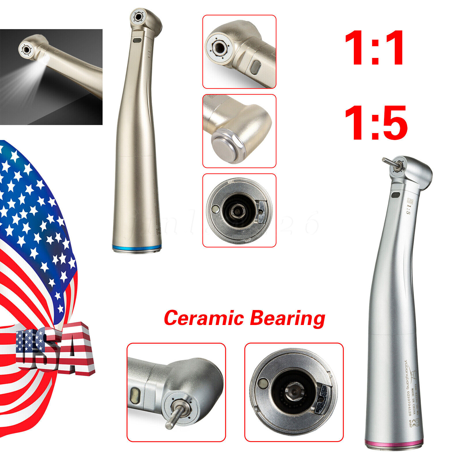 Dental 1:5 1:1 Fiber Optic LED Contra Angle Electric Handpiece Fit KaVo NSK COXO