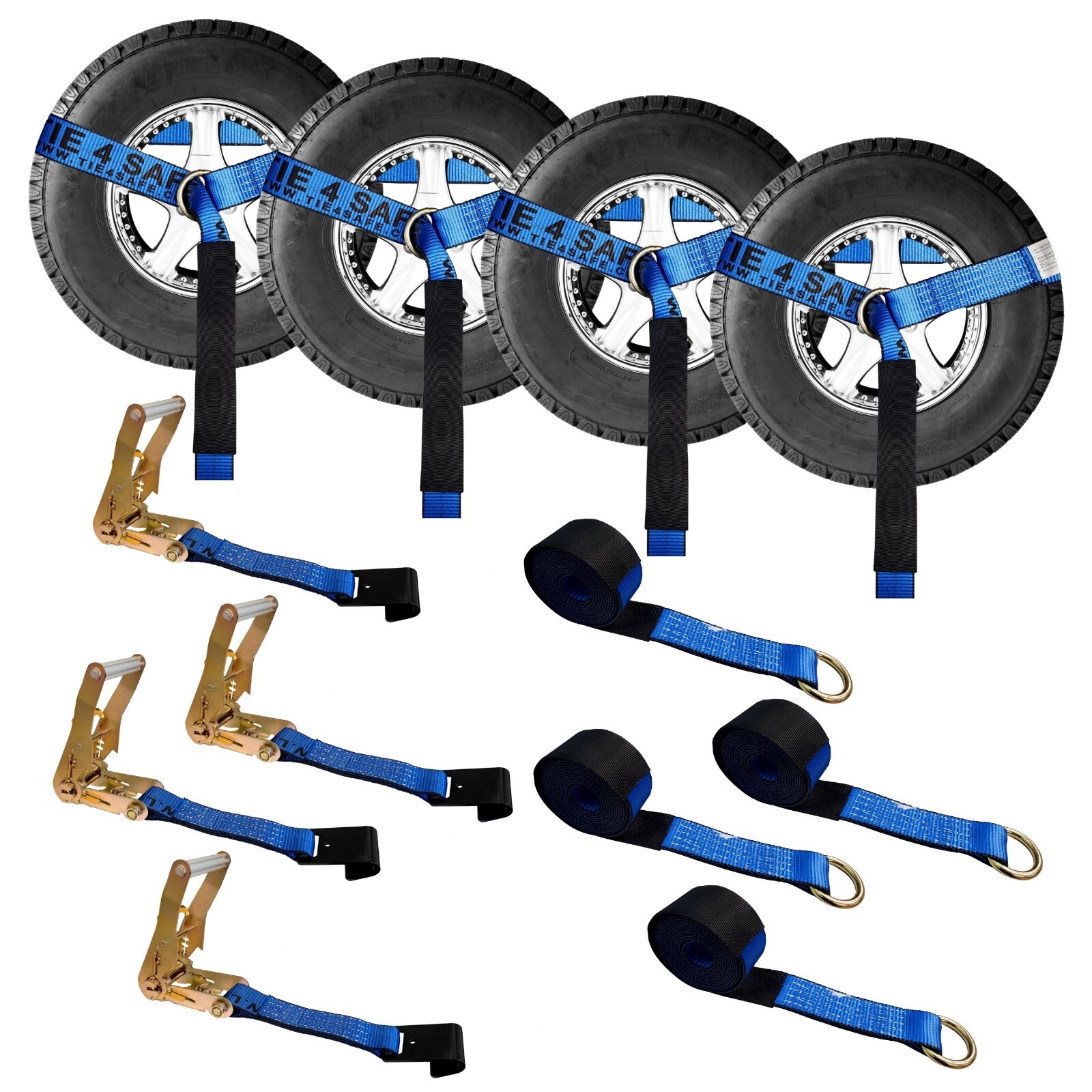 USA 4 Pack 2″ x10′ Side Mount Wheel Net Tie Down Ratchet w/Flat Hook Lasso Strap