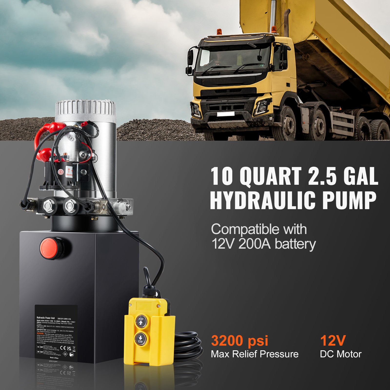 VEVOR 10 Quart Double Acting Hydraulic Pump 12V Dump Trailer Power Unit 2.1HP