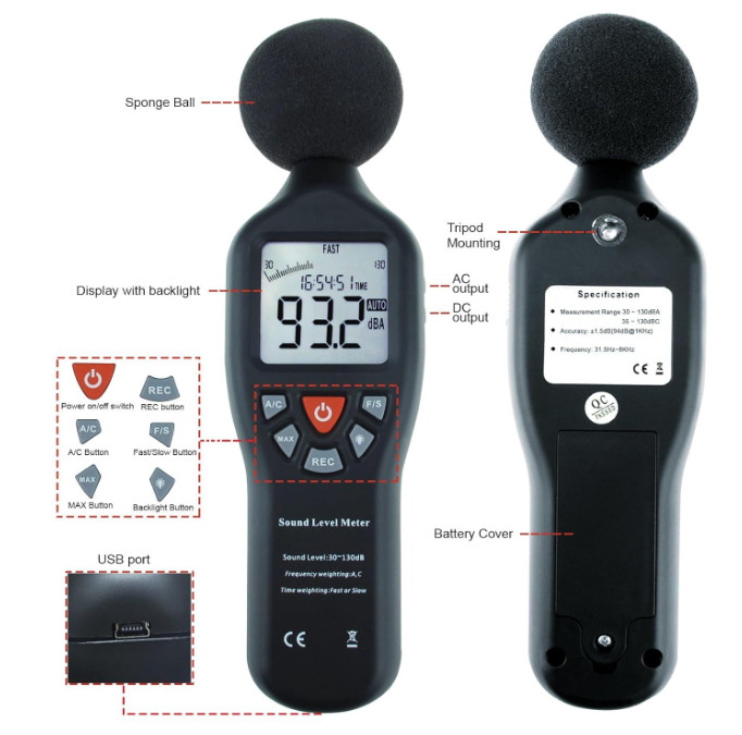 Portable Digital Decibel Meter 30–130dB with Data Logging for Home & Office