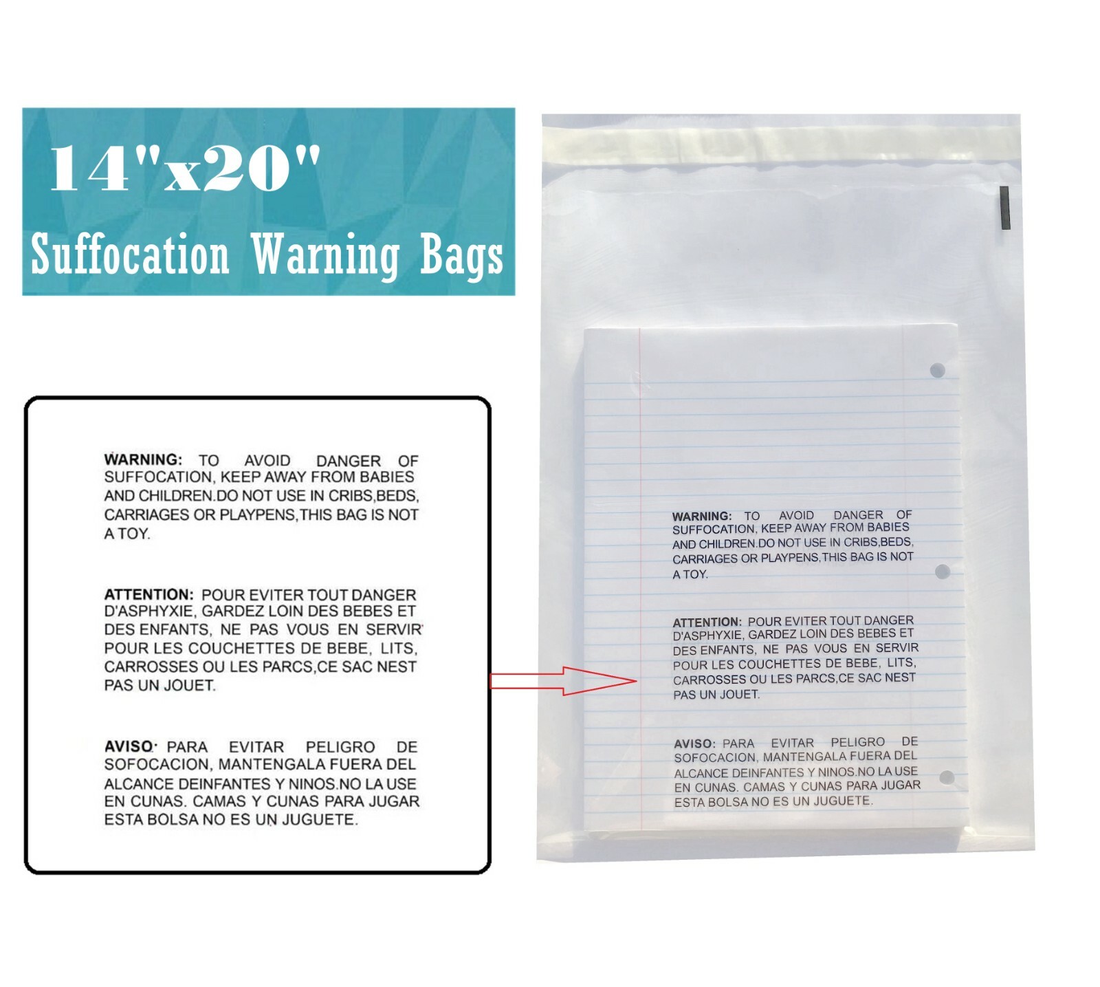 14×20 Clear Suffocation Warning Poly Self Seal Bags -ST ShipMailers