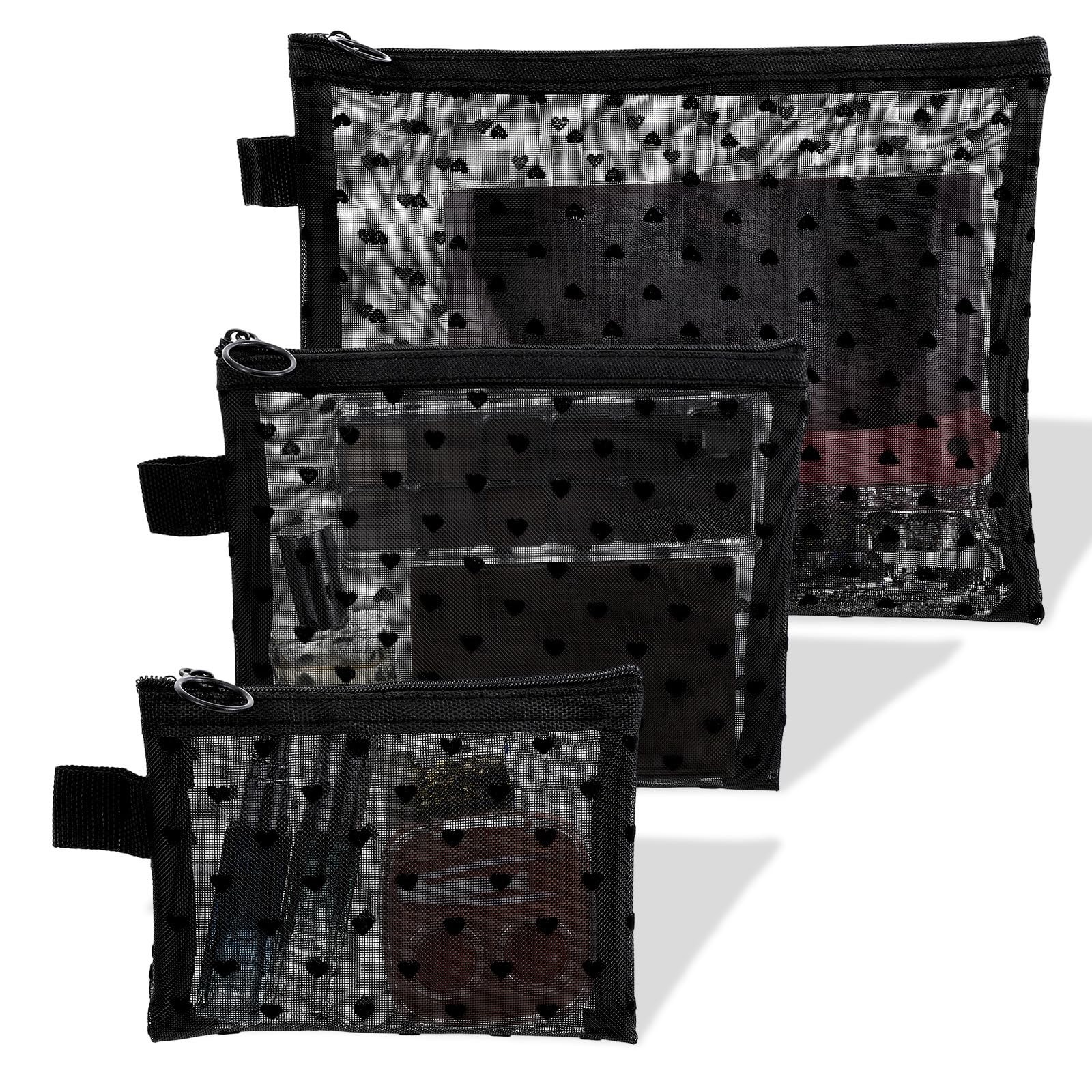 3pcs Mesh Cosmetic Bags with Zipper, 3 Sizes of Heart Print Pouches for Purse…
