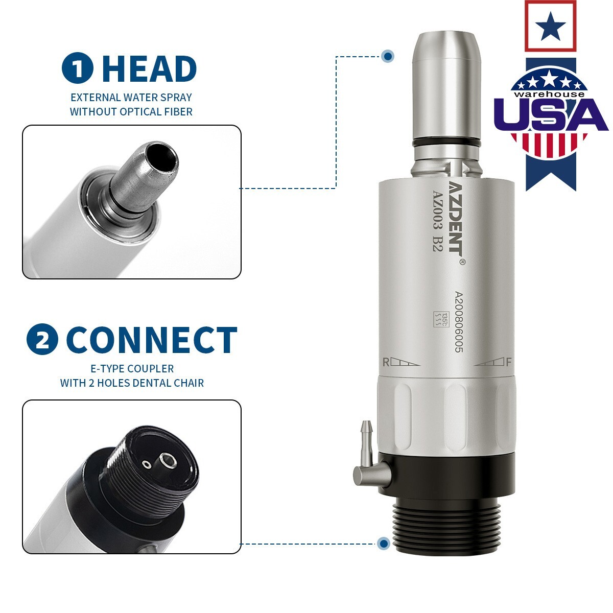 AZDENT Dental 1:1 Direct Drive Low Speed Air Motor Turbine Handpiece 2 Holes