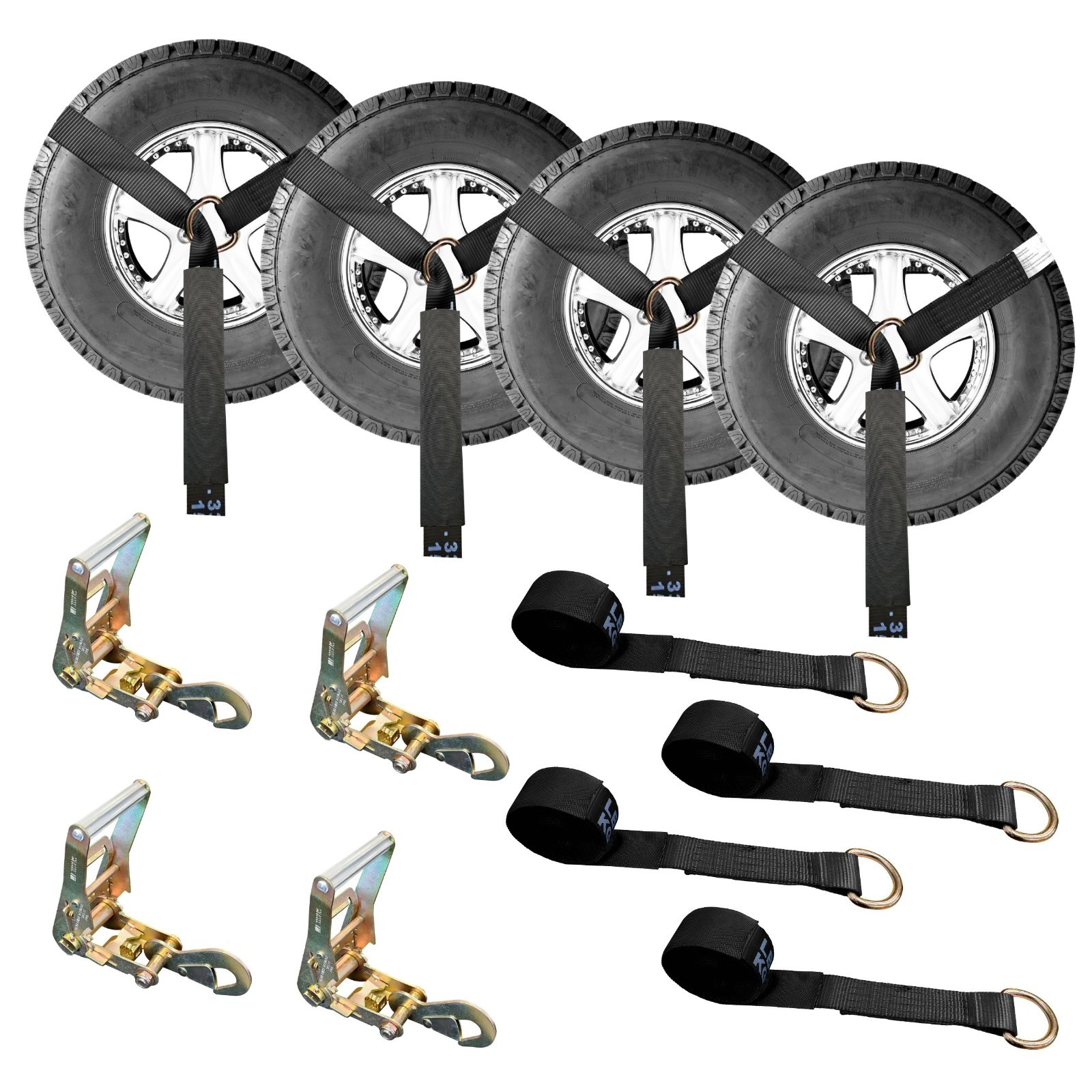 4 Sets 2″ x 10′ Ratchet w/Flat Snap Hook Wheel Lift Lasso Strap Tow Truck Towing