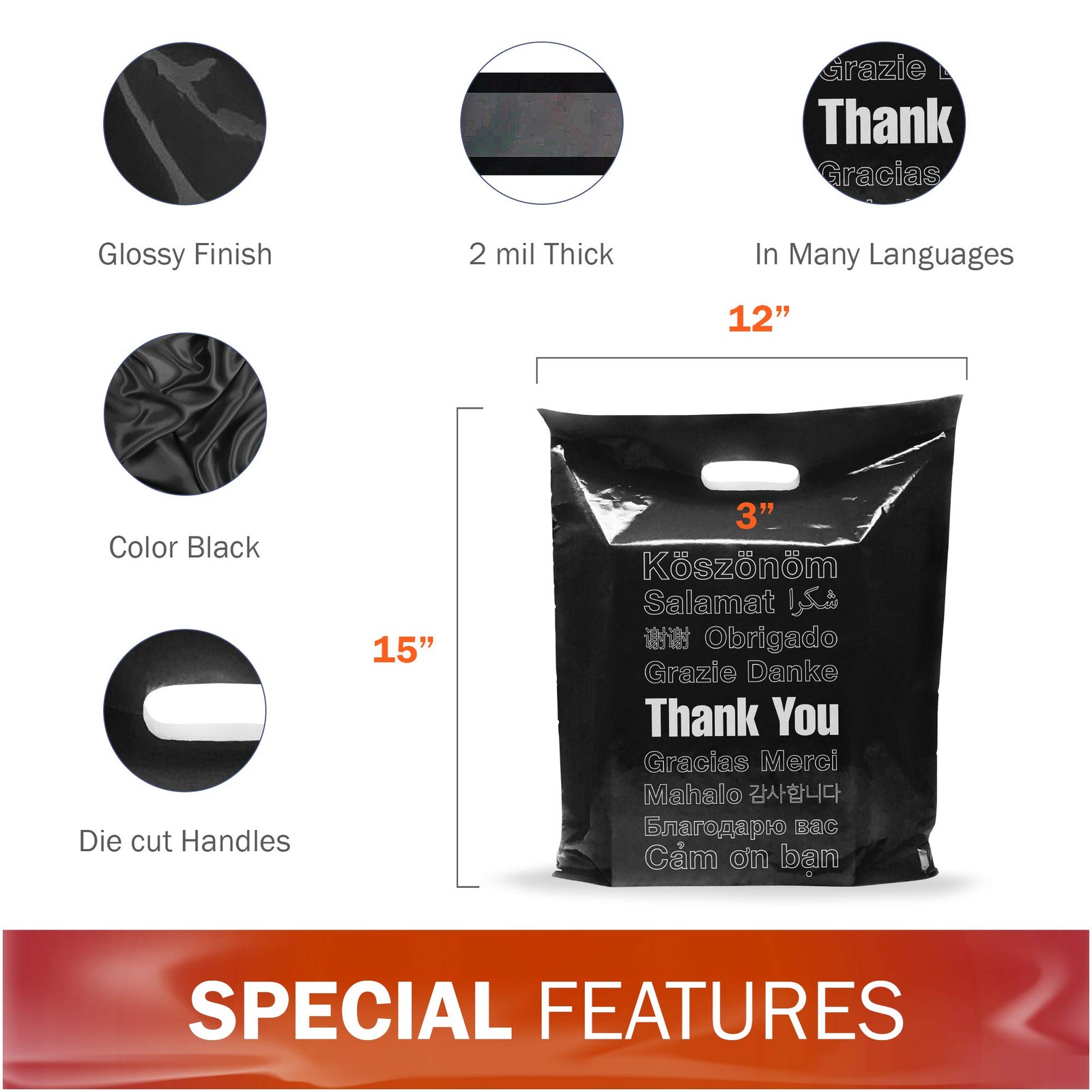 12×15 Black Thank You Merchandise Bags, Multi-Language Design, Medium Size, 1…