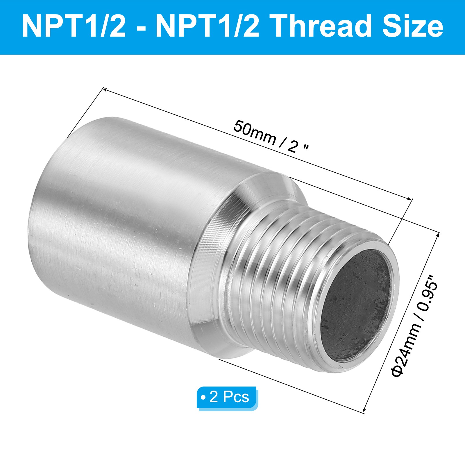 2Pcs Stainless Steel 2″ L 1/2″ NPT Male to 1/2″ NPT Female Pipe Fitting