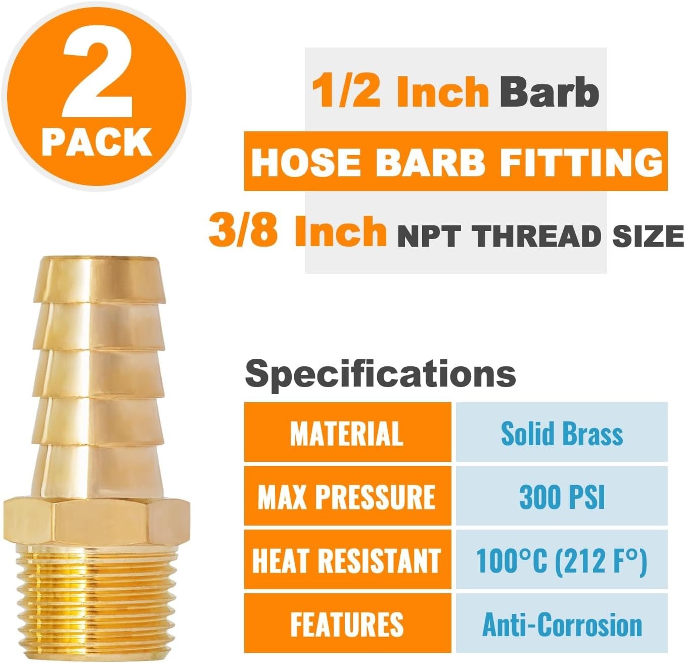 Brass Hose Barb Fittings 1/2 Inch to 3/8 Inch NPT Male Connectors Durable Air…