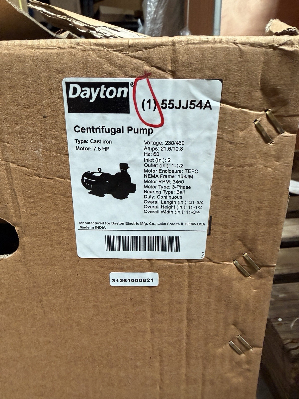 Dayton 55JJ54 Cast Iron 7-1/2 Hp Centrifugal Pump 208-230/460V, 1 1/2 in Intake
