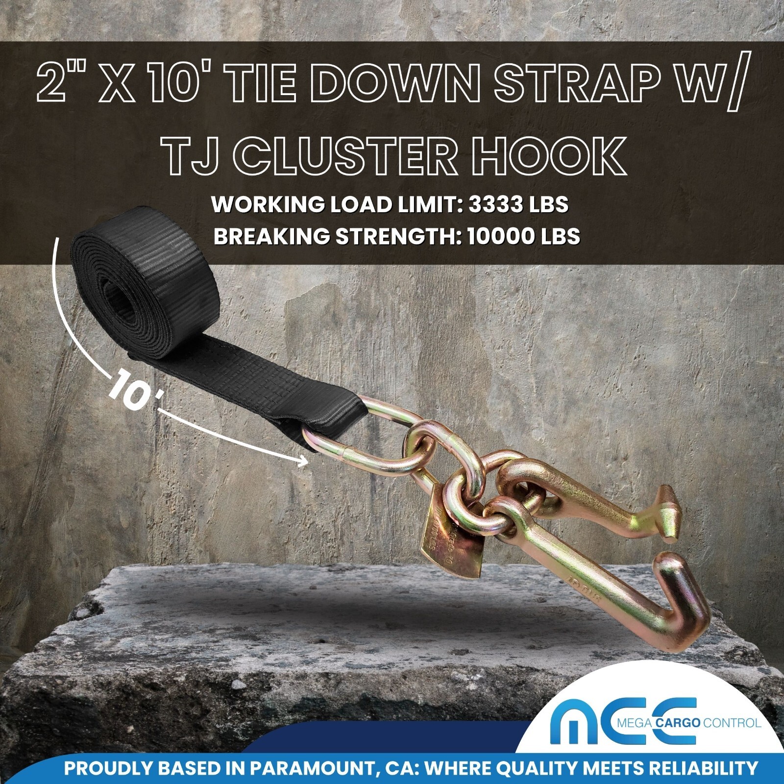 Heavy Duty 2″ x 10′ TJ Cluster Hook Car Strap for Wrecker Tow Truck Auto Hauling