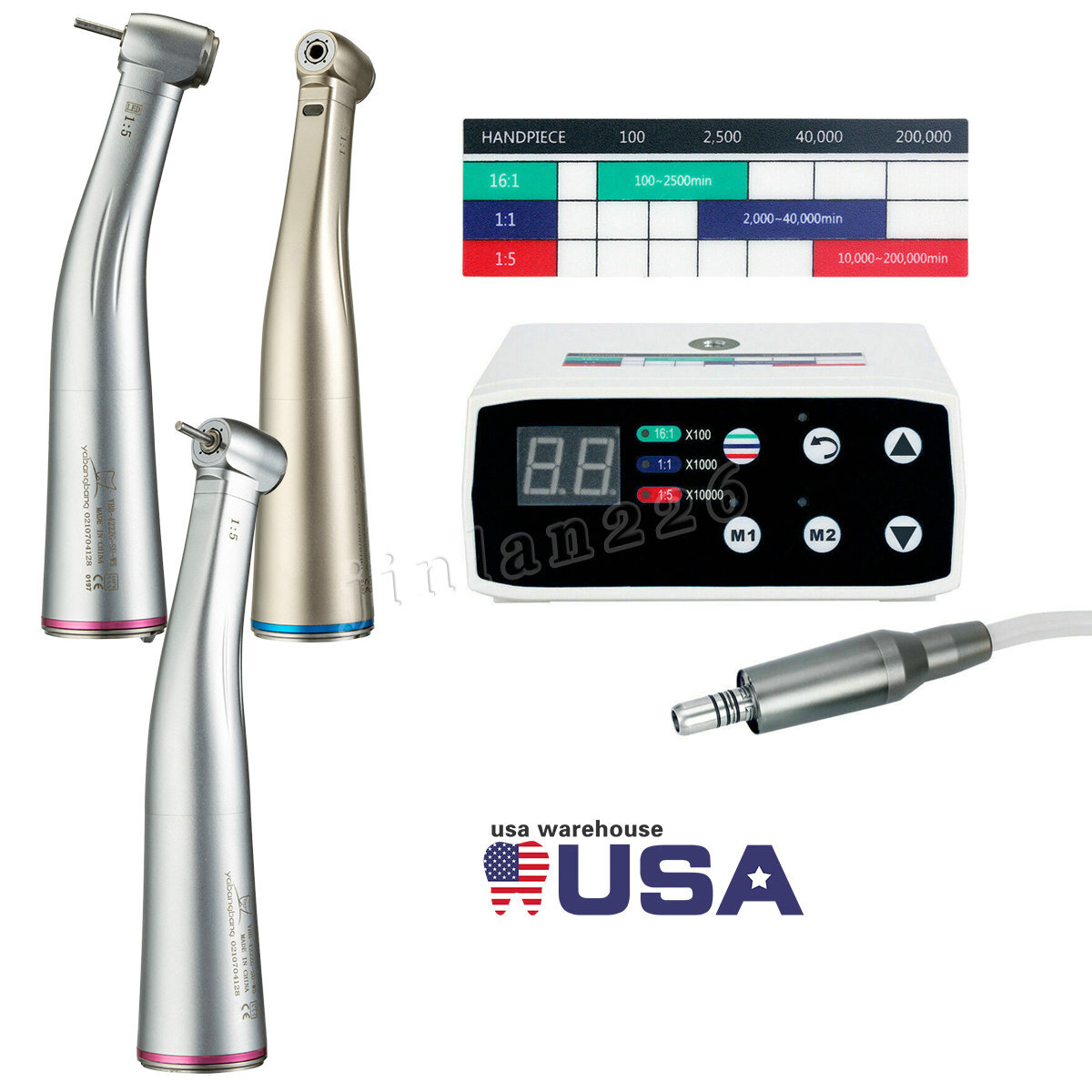 NSK Ti-MAX X95L Style Dental 1:5 LED Fiber Optic Contra Angle Handpiece Red Ring