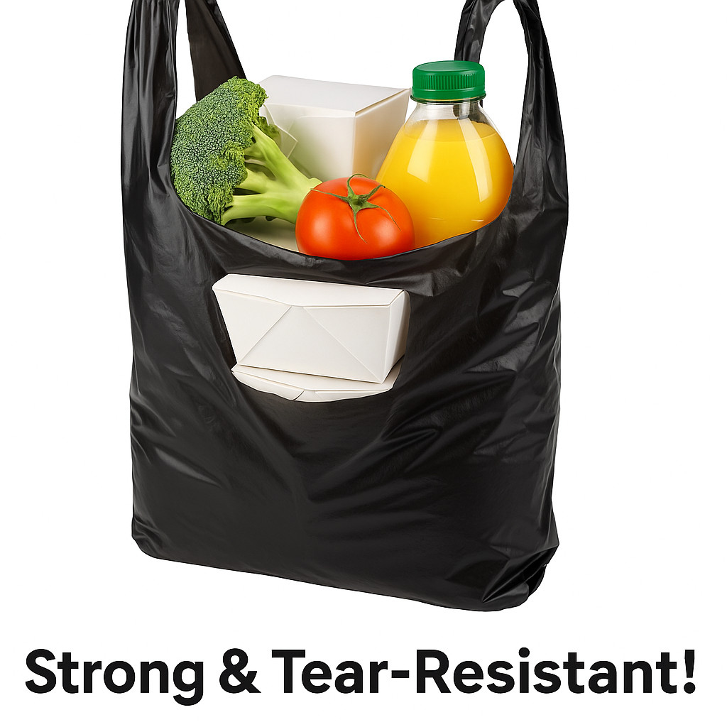 1/6 Black HDPE Plastic T-Shirt Bags 11.5×6.25×21″ Heavy-Duty .87mil Bulk