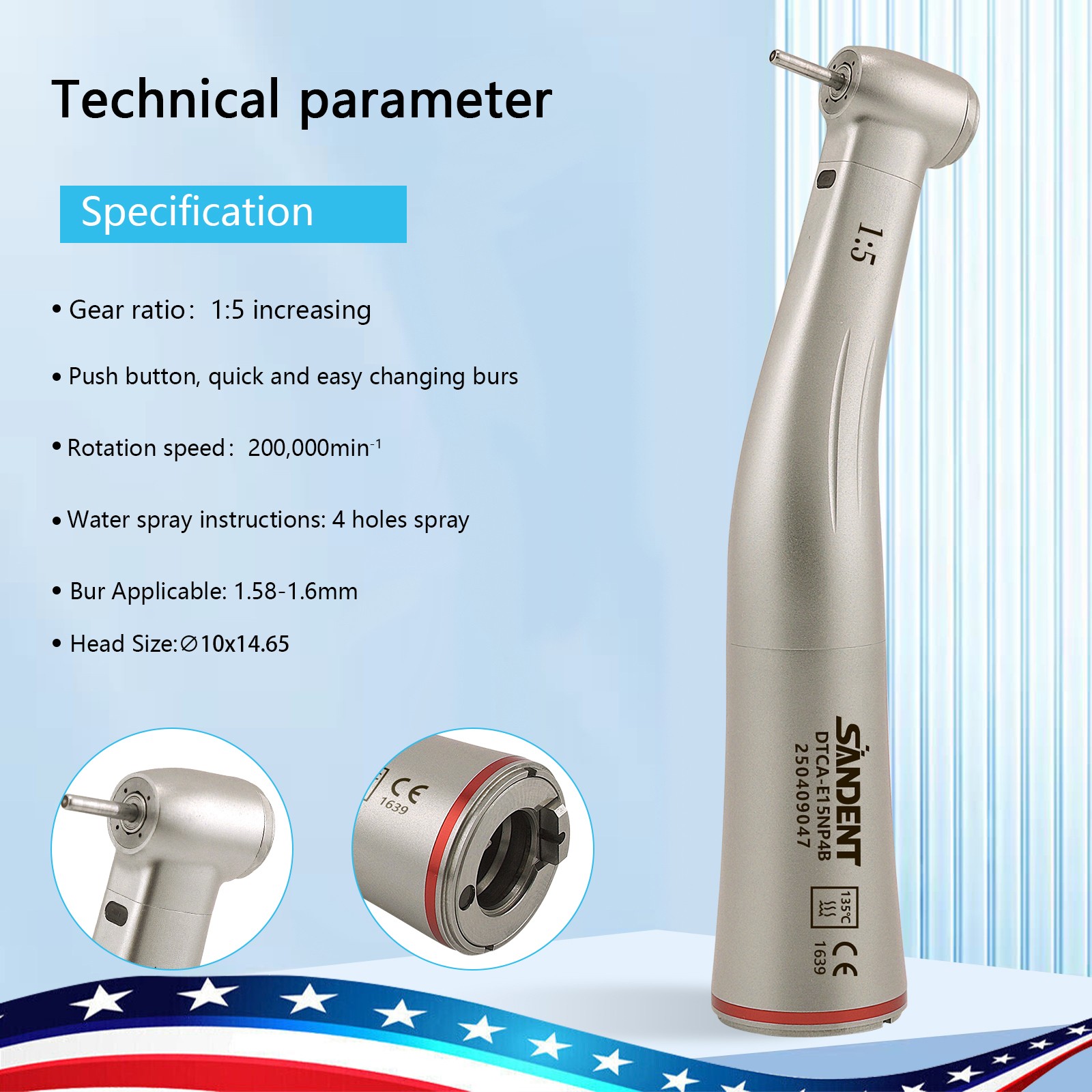 NSK Style Dental 1:1/20:1 Fiber Optic LED 1:5 Increasing Contra Angle Handpiece
