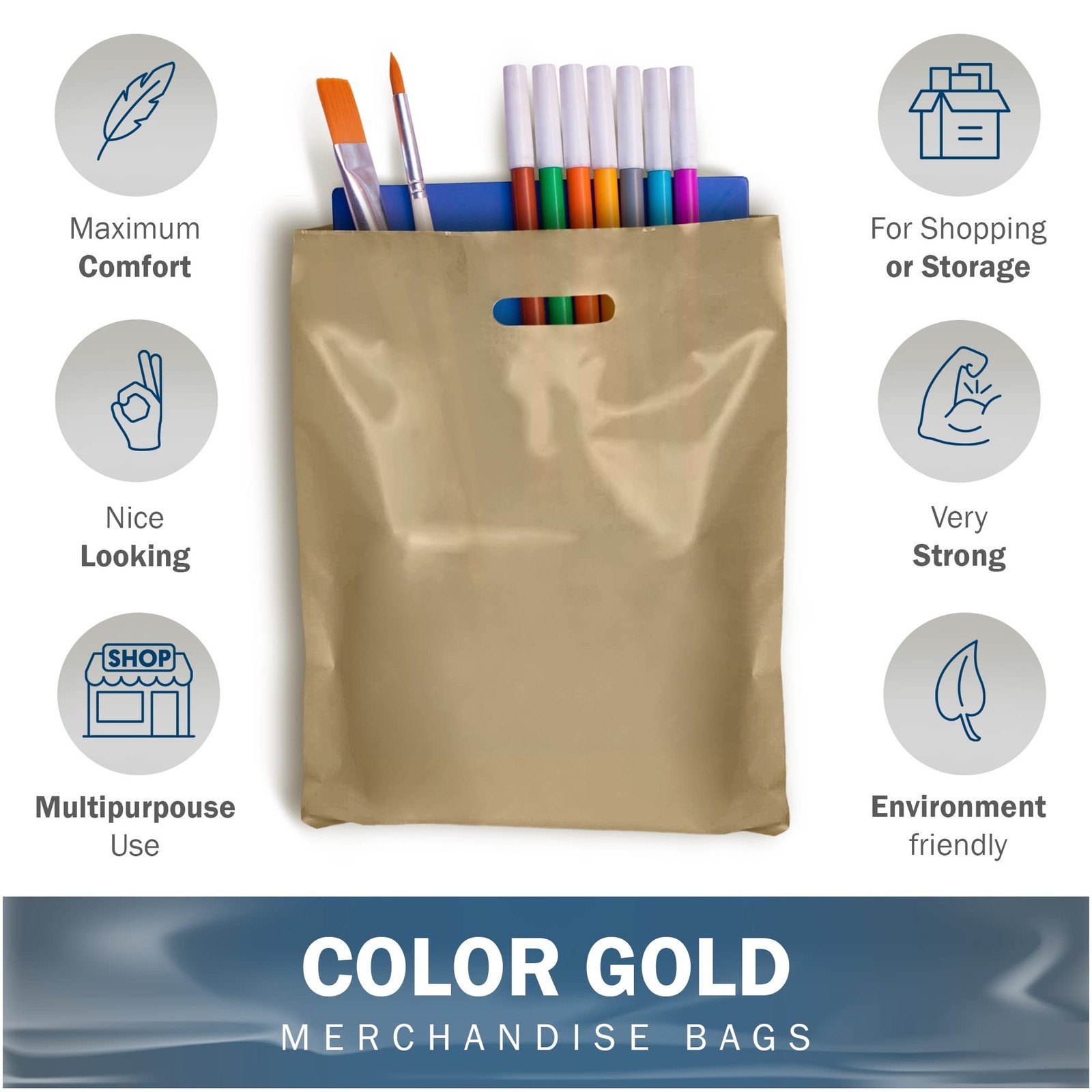 Gold Merchandise Plastic Shopping Bags – 100 Pack 9″ x 12″ with 2 mil Thick -…
