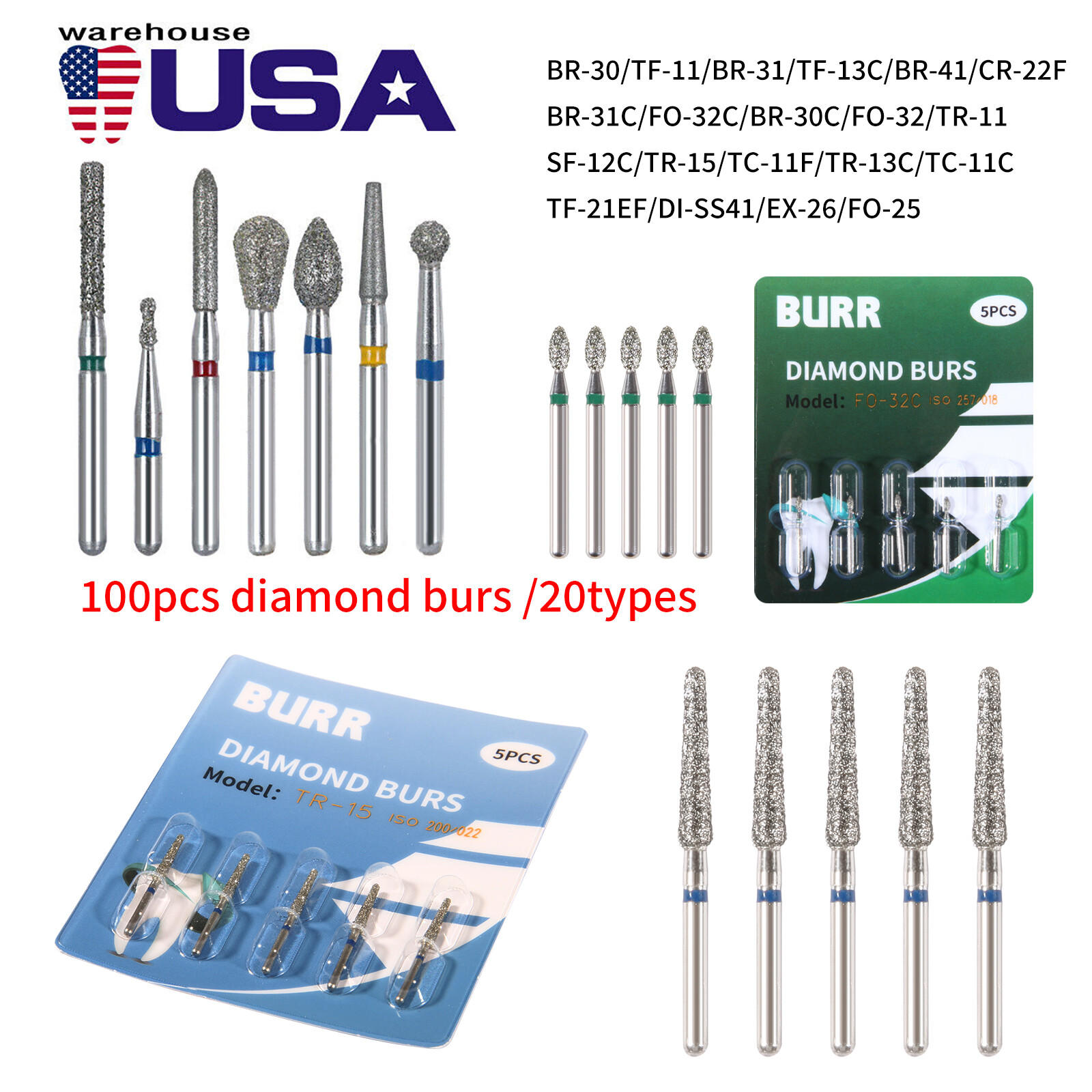 100x Brocas de fresa de diamante para dentista dental Taladro FG 1,6 mm 20 OEM