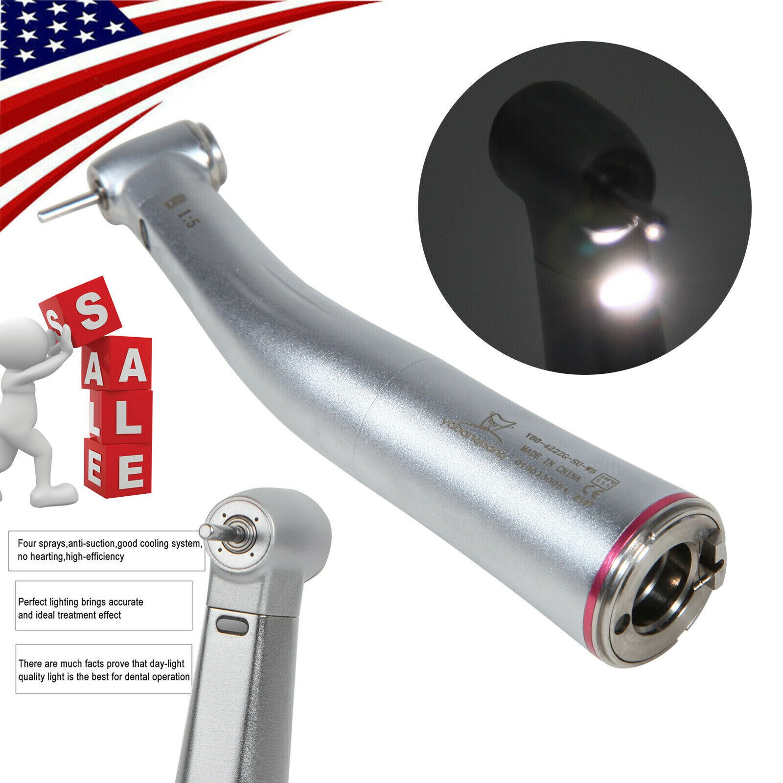 Dental 1:5 LED Contra Angle Increasing Handpiece Fit KaV NSK Electric Motor USA
