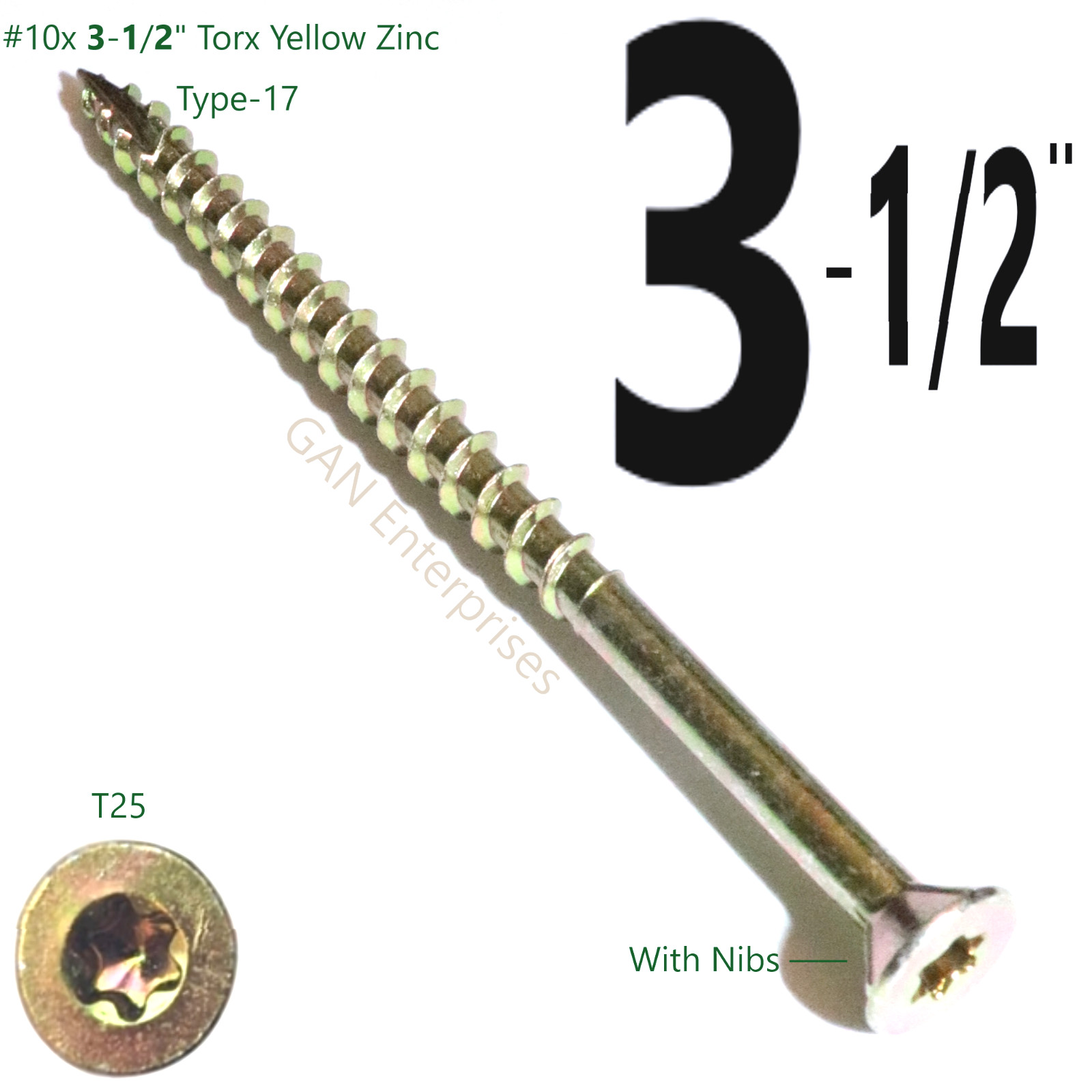 Torx 1-1/4 to 4″ Star Flat Head with nibs Yellow Zinc Type 17 Outdoor Wood Screw
