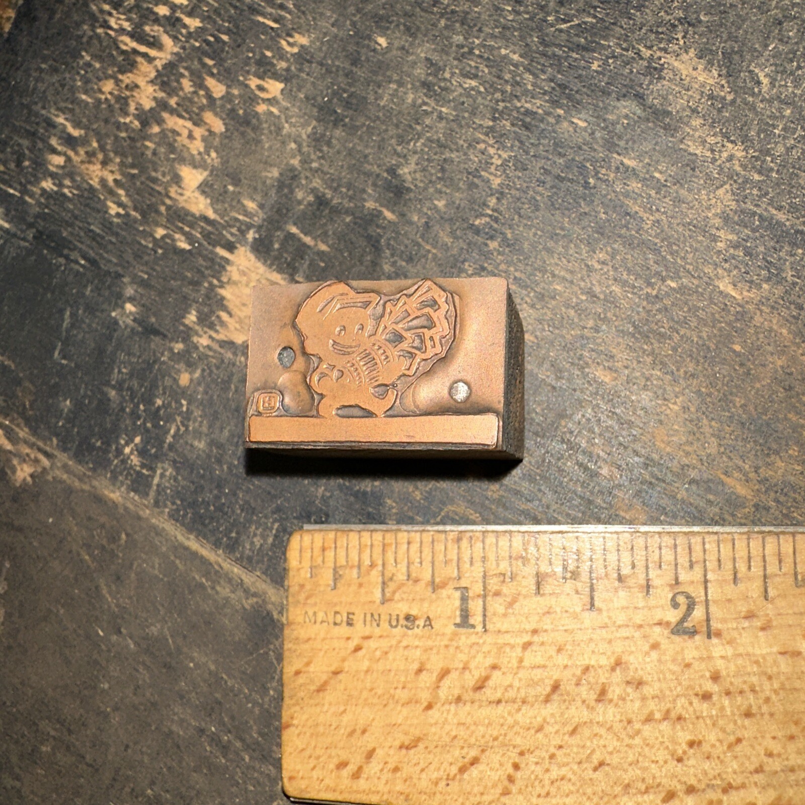 Printing Block “ smiling man carrying basket with paper or money?” Copper Face