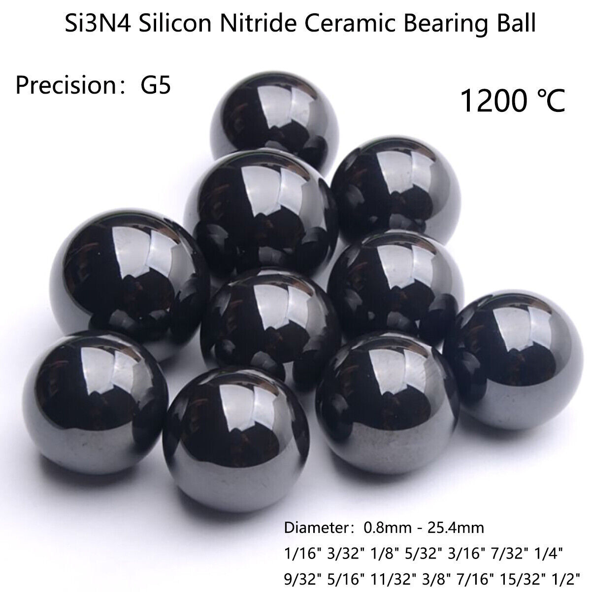 0.8 to 25mm 1/16″ to 1″ G5 Precision Si3N4 Silicon Nitride Ceramic Bearing Balls