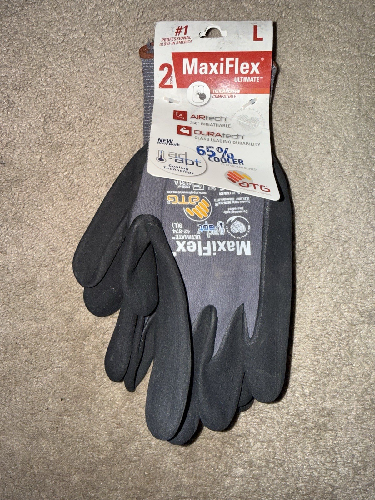 MaxiFlex Ultimate Large Gray Nitrile-Coated Outdoor & Work Gloves 2-PAIRS