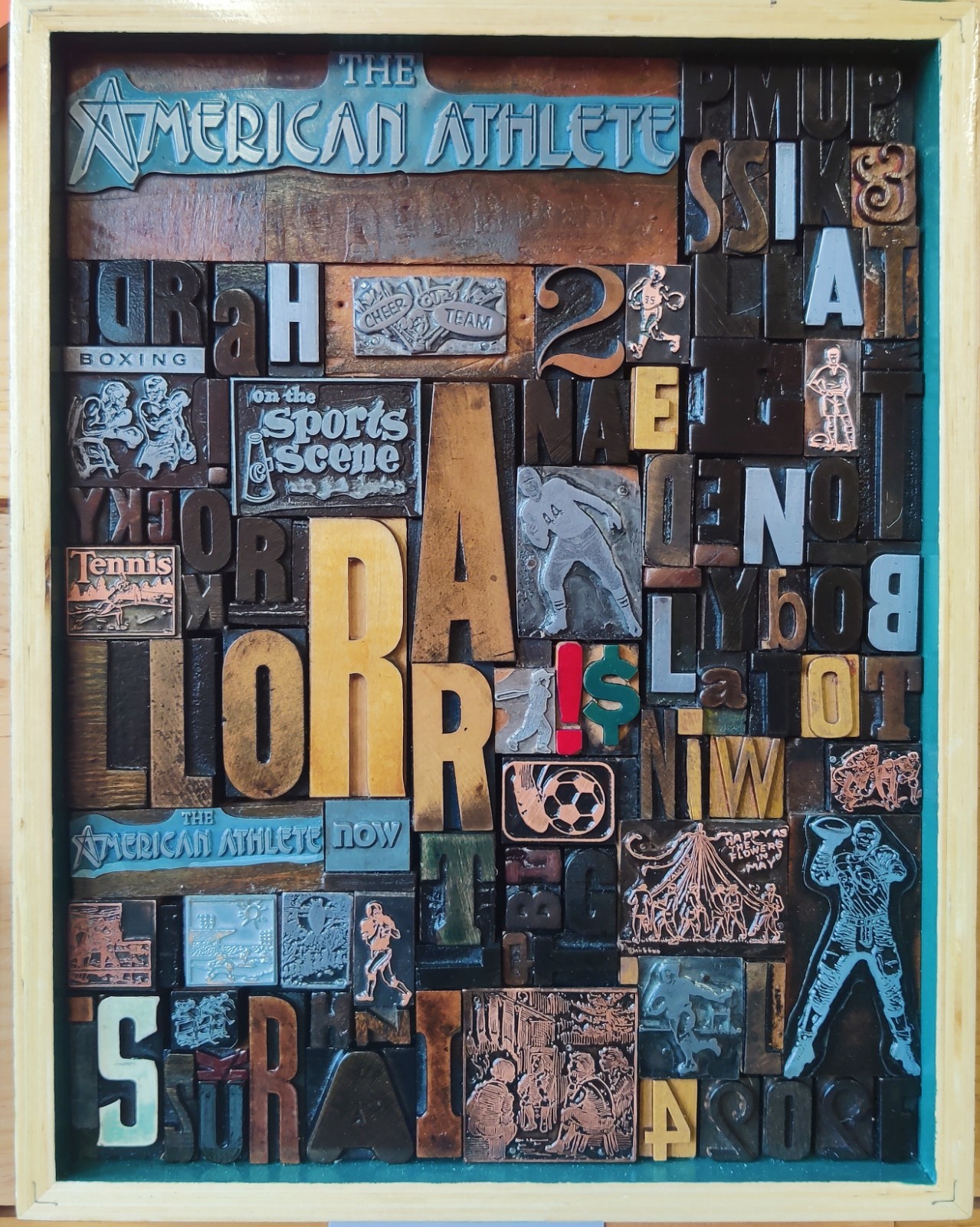Sports Themed Vintage Letter Press Print Block Collage In Wood Frame