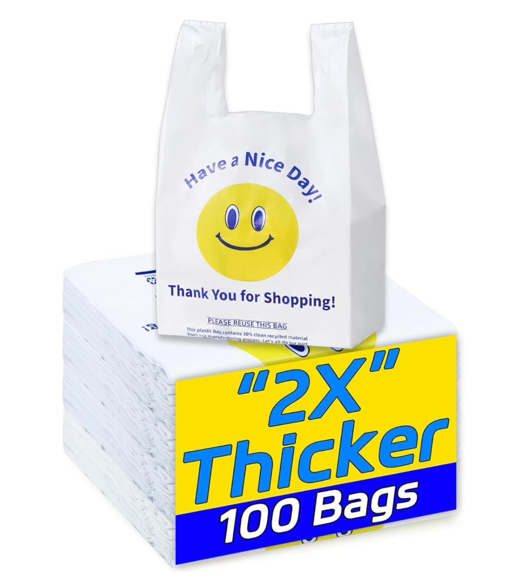 100 White Heavy Duty Thank You Plastic T-Shirt Shopping Bags, 0.8 Mil 11x6x21″