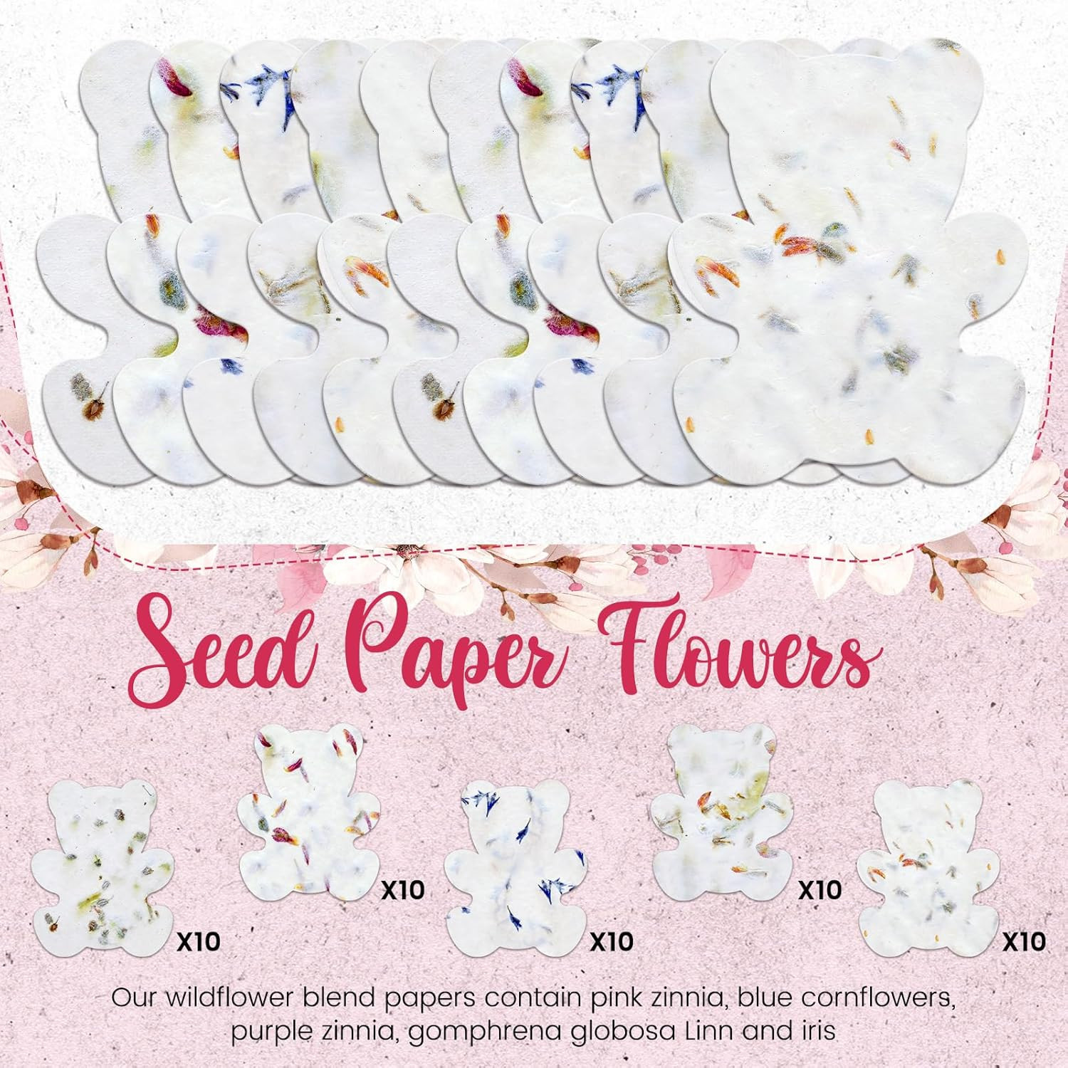 Handmade Plantable Wildflower Seed Paper Tags – 50 Pcs Wedding Favors (Bear)