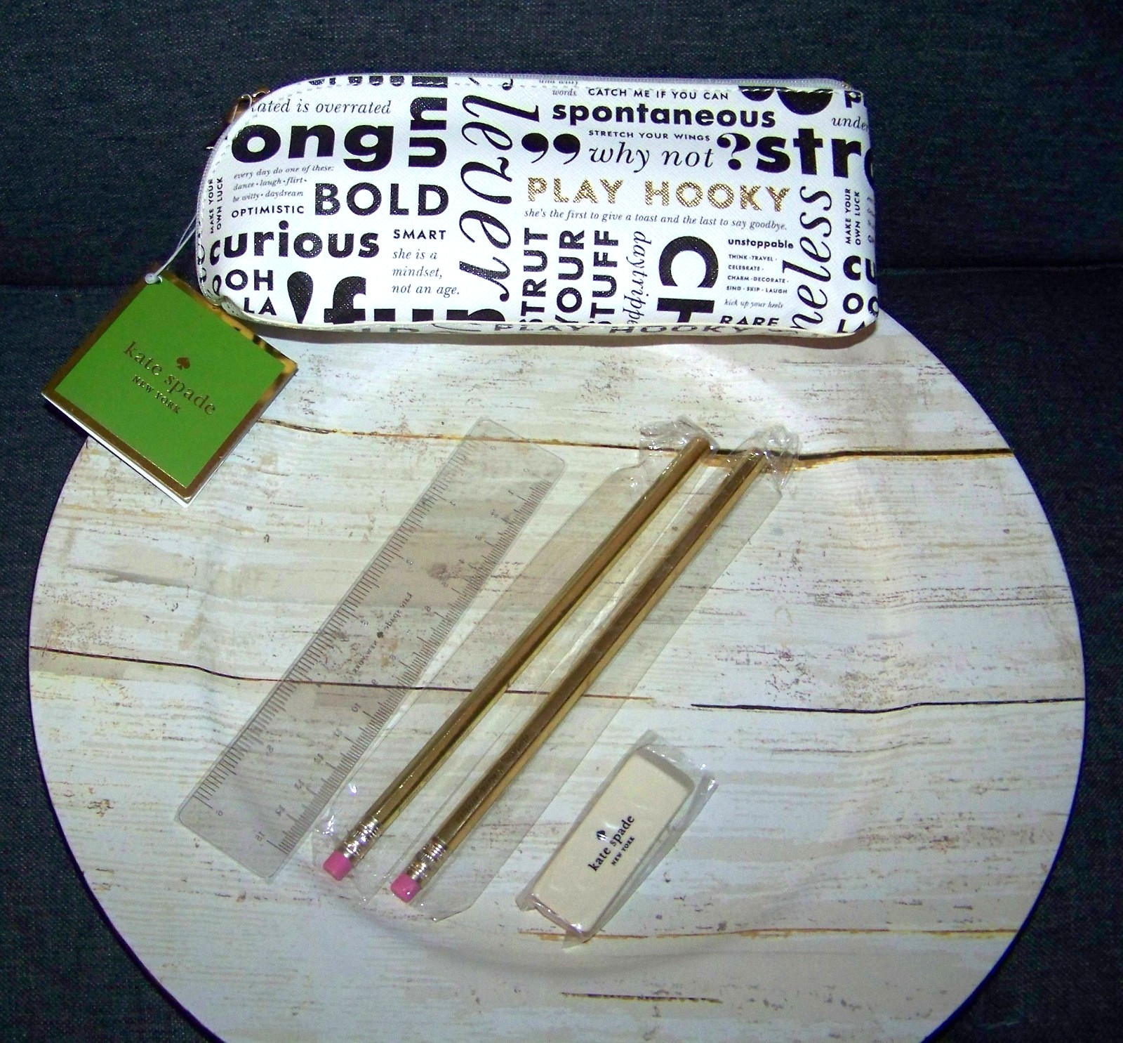 Kate Spade WORD Pencil Pouch Cosmetic Case Travel Bag Faux Leather w Accessories