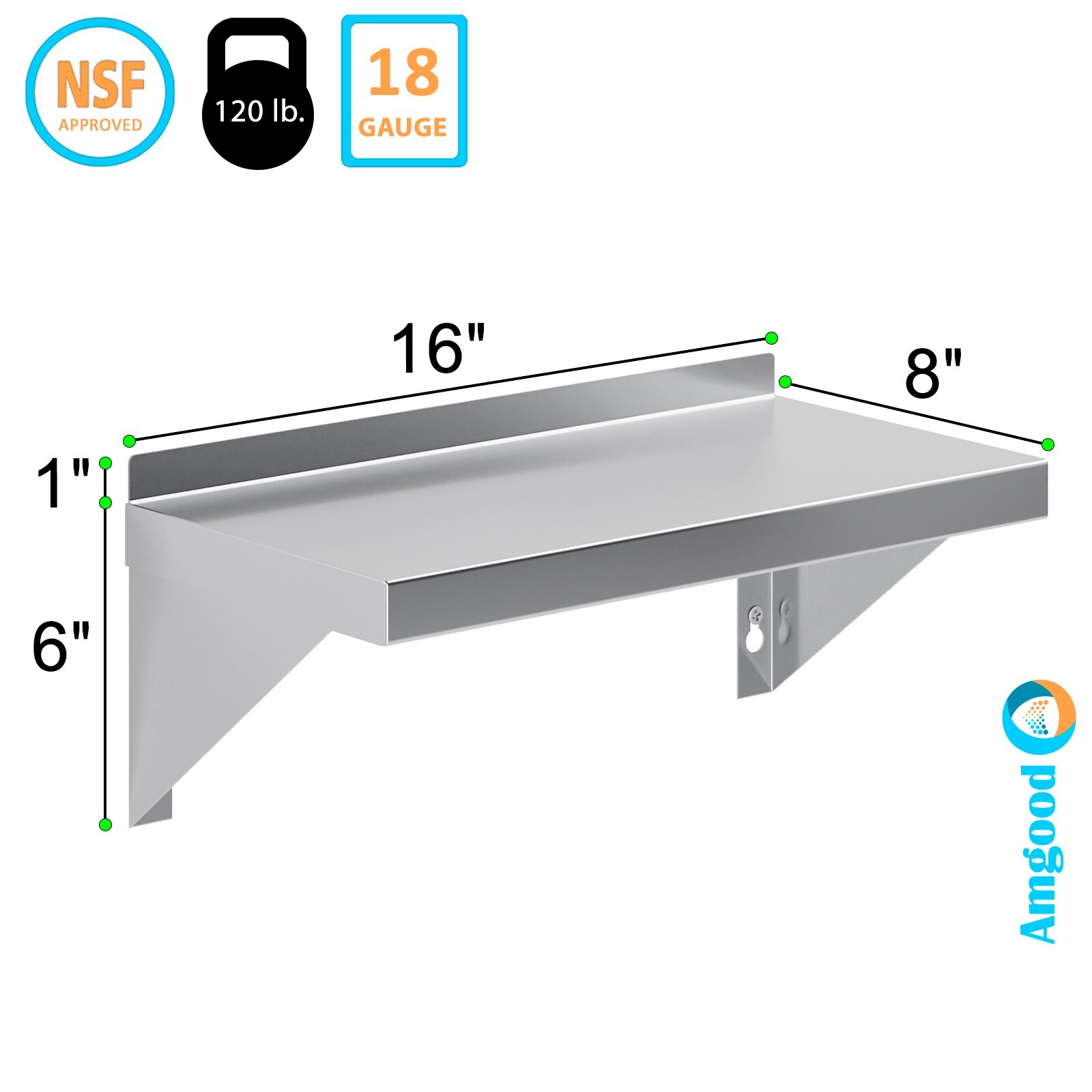 8 in. x 16 in. Stainless Steel Wall Shelf With Squared Edge