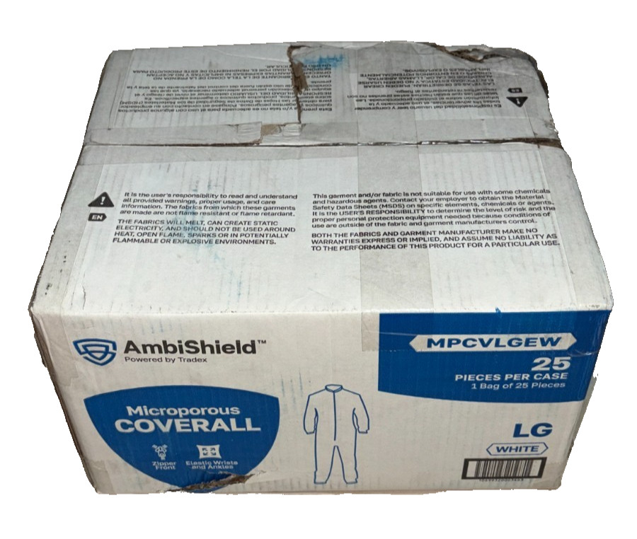 AmbiShield Microporous Coverall Zip Front Elastic Wrist Large White Case of 25