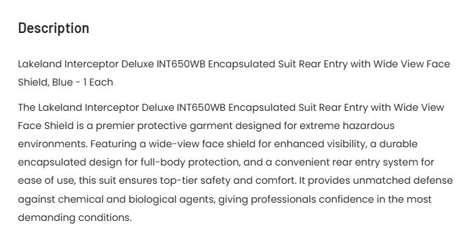Lakeland Interceptor Fully Encapsulated Front Entry Level A Vapor Protective New