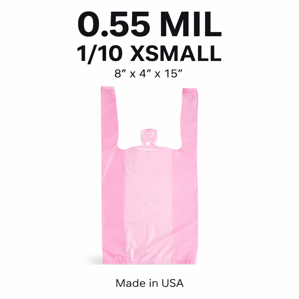 Pink T-Shirt Grocery Shopping Bags 1/10 XSmall 8x4x15 Unprinted 0.55 Mil USA