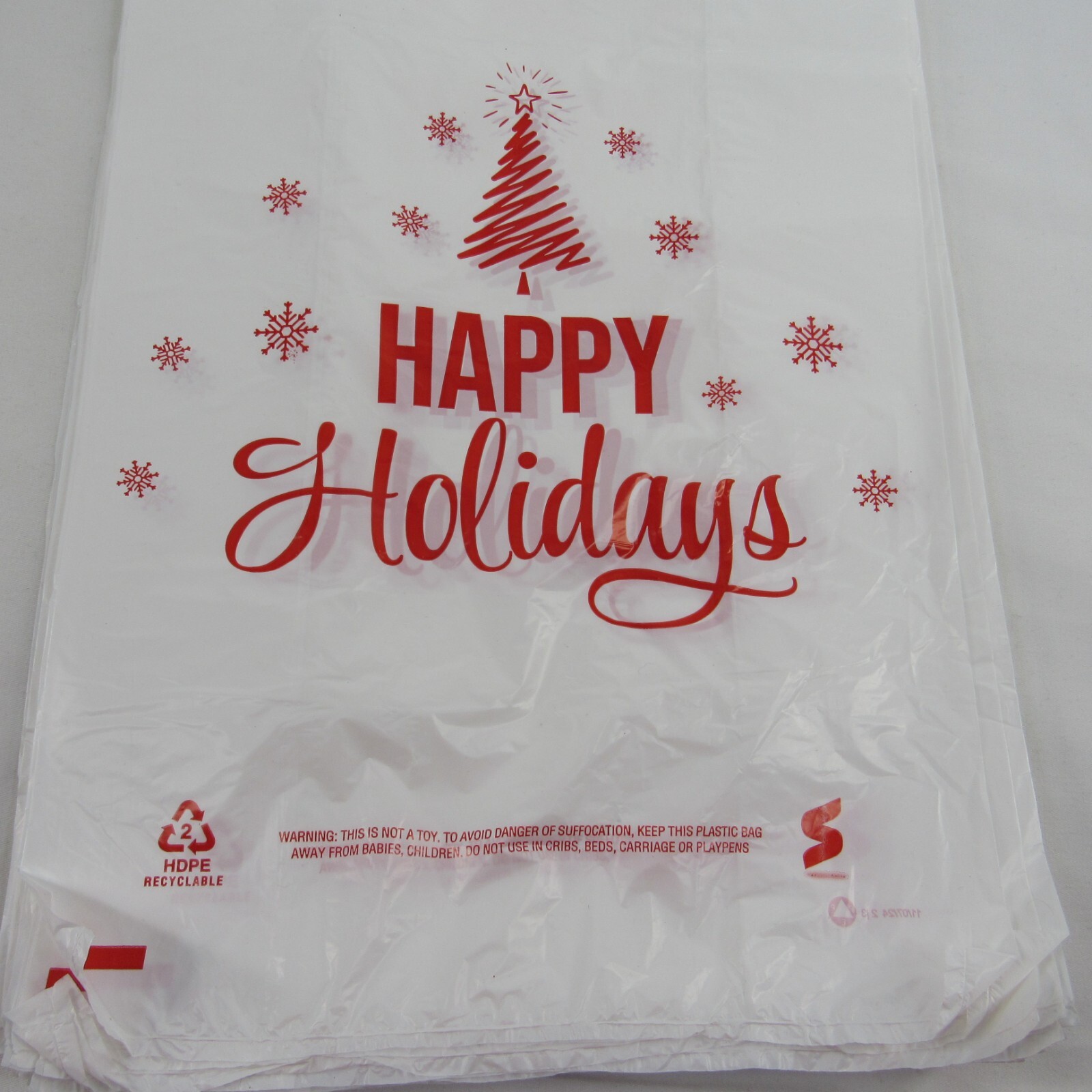 200 Qty. Happy Holiday Holiday Tree 1/6 Plastic T-Shirt Bags Handles 11″x6″x21″