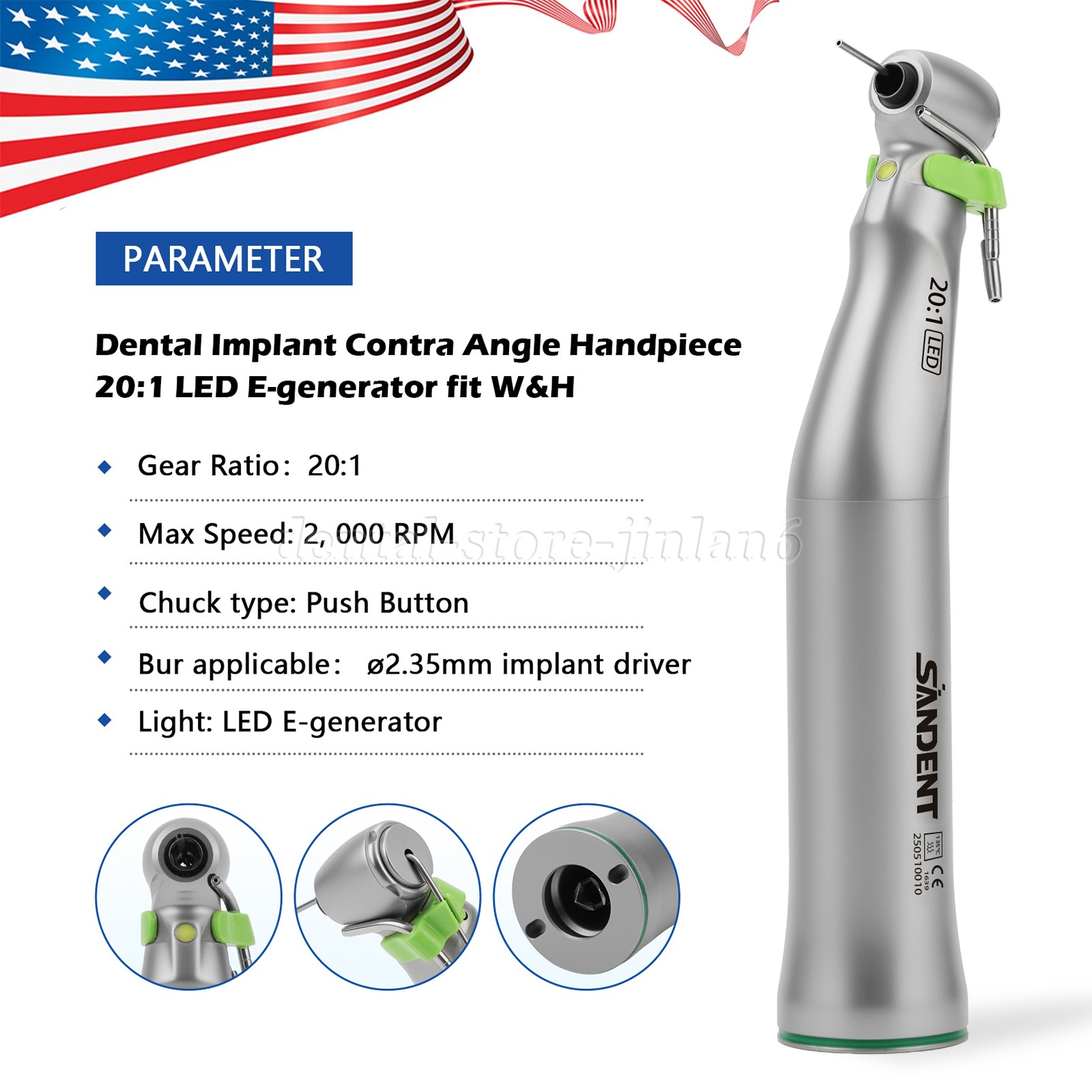 New WS-75 LG 20:1 LED+ Contra Angle E-Type for W&H Dental Implant Surgical Motor