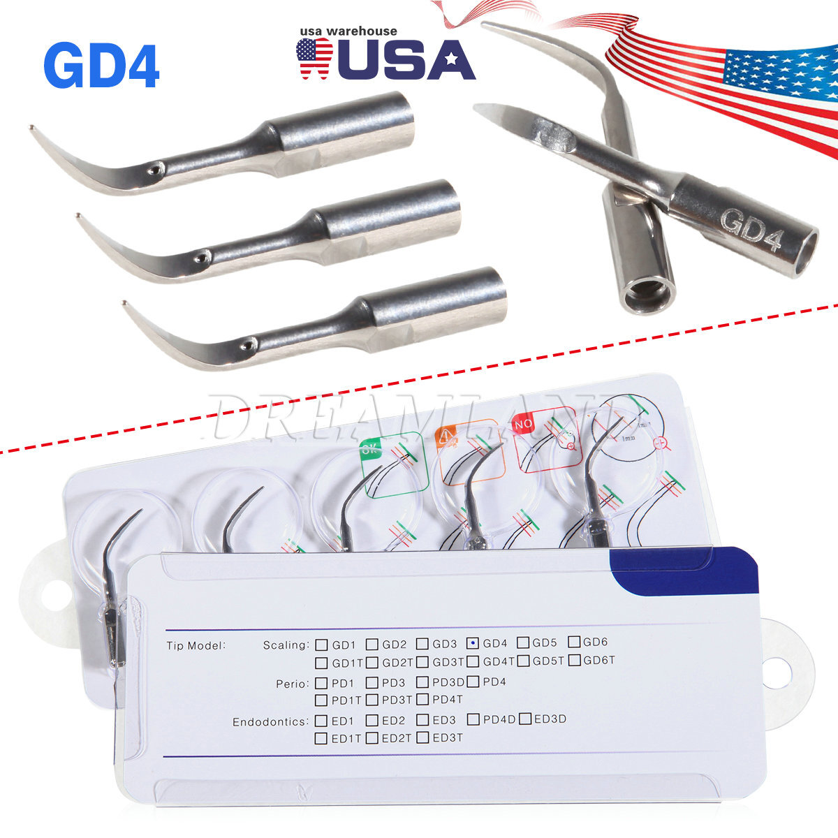 5* Dental Perio Tips GD4 Fit Satelec DTE Ultrasonic Piezo Scaler Handpiece rk