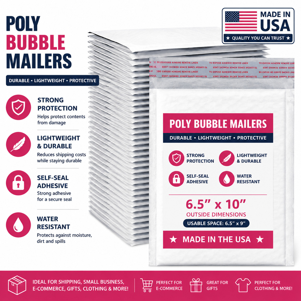 6.5 x 10 Poly Bubble Mailers Padded Envelopes MADE IN USA Shipping Bags