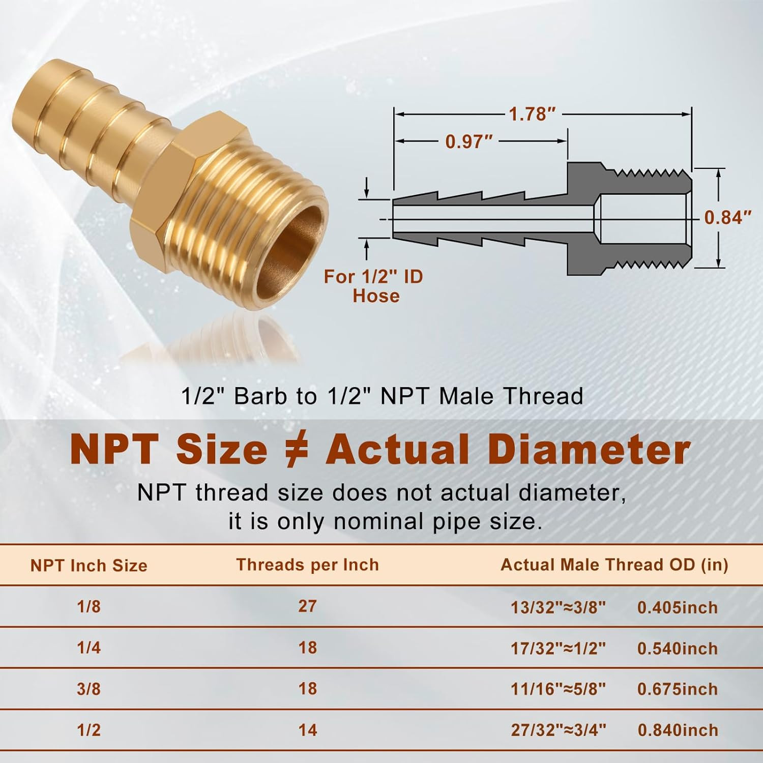 5pcs Brass Hose Barb Fittings 1/2 Inch to 1/2 Inch NPT Male Thread Adapter Conne